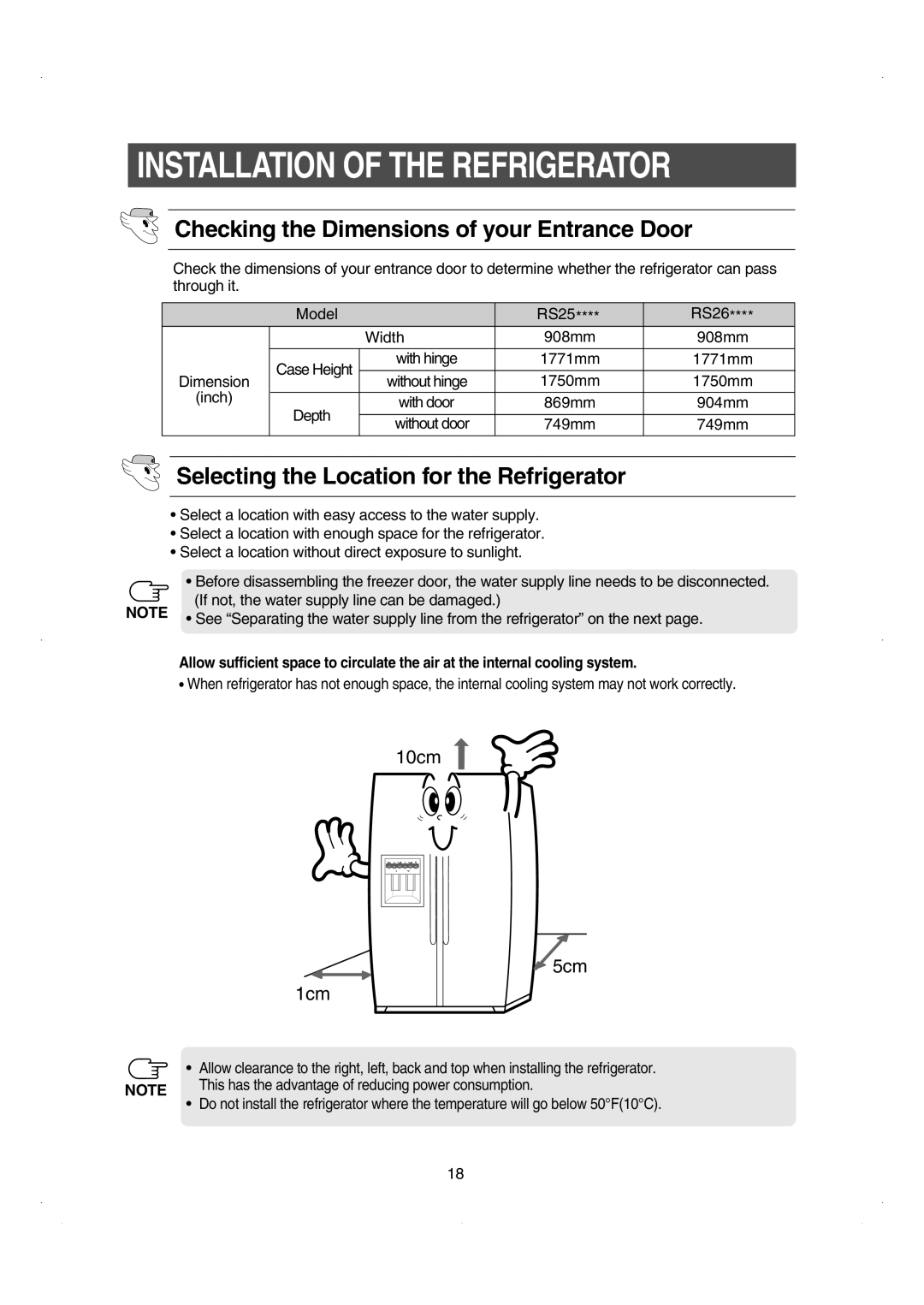 Samsung RS26WUNS installation instructions Installation of the Refrigerator, Checking the Dimensions of your Entrance Door 