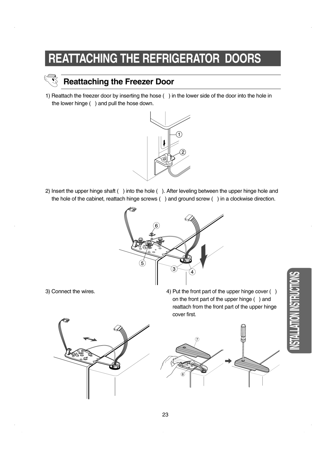 Samsung RS26WUNS installation instructions Reattaching the Refrigerator Doors, Reattaching the Freezer Door 