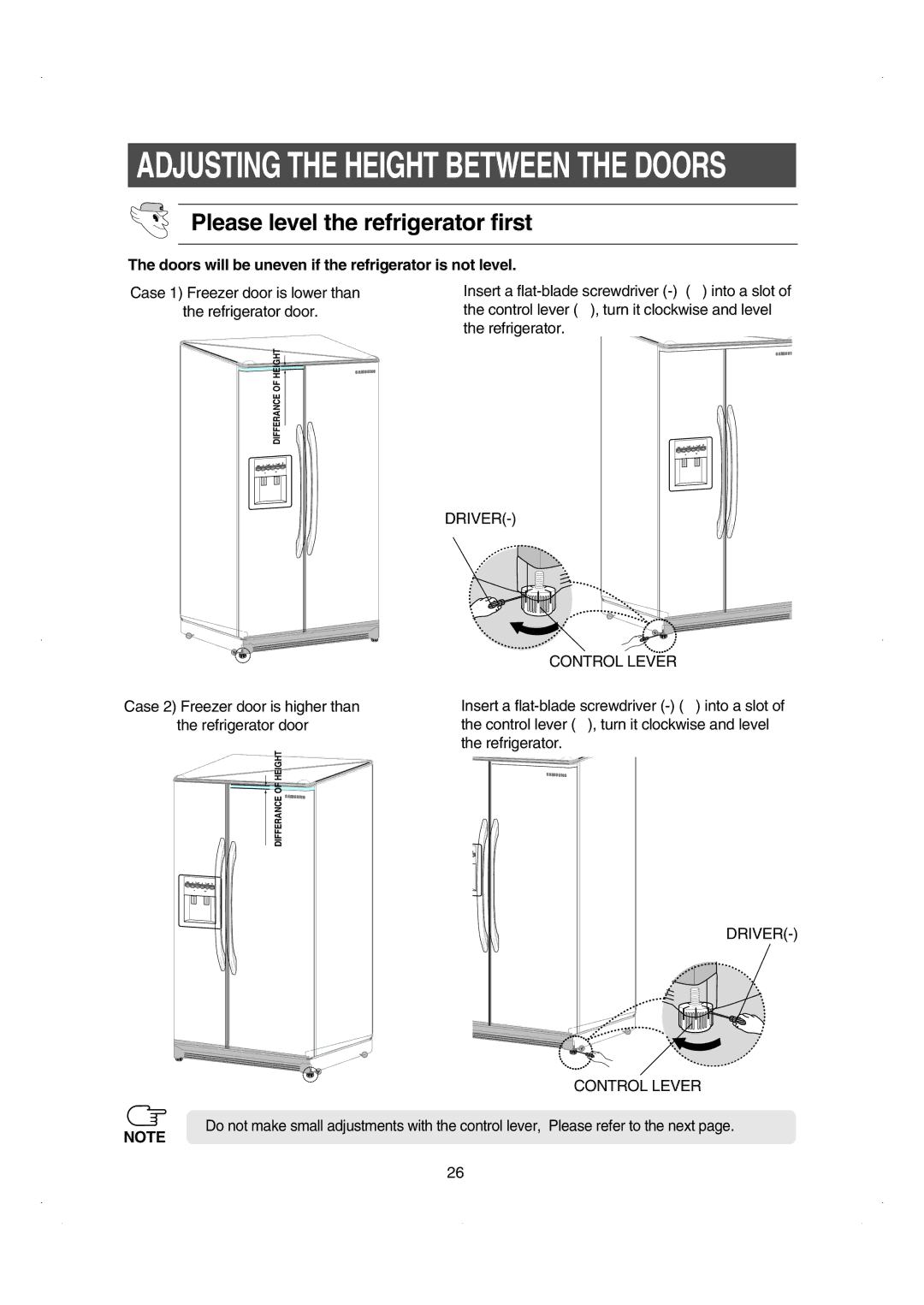 Samsung RS26WUNS Please level the refrigerator first, Doors will be uneven if the refrigerator is not level 