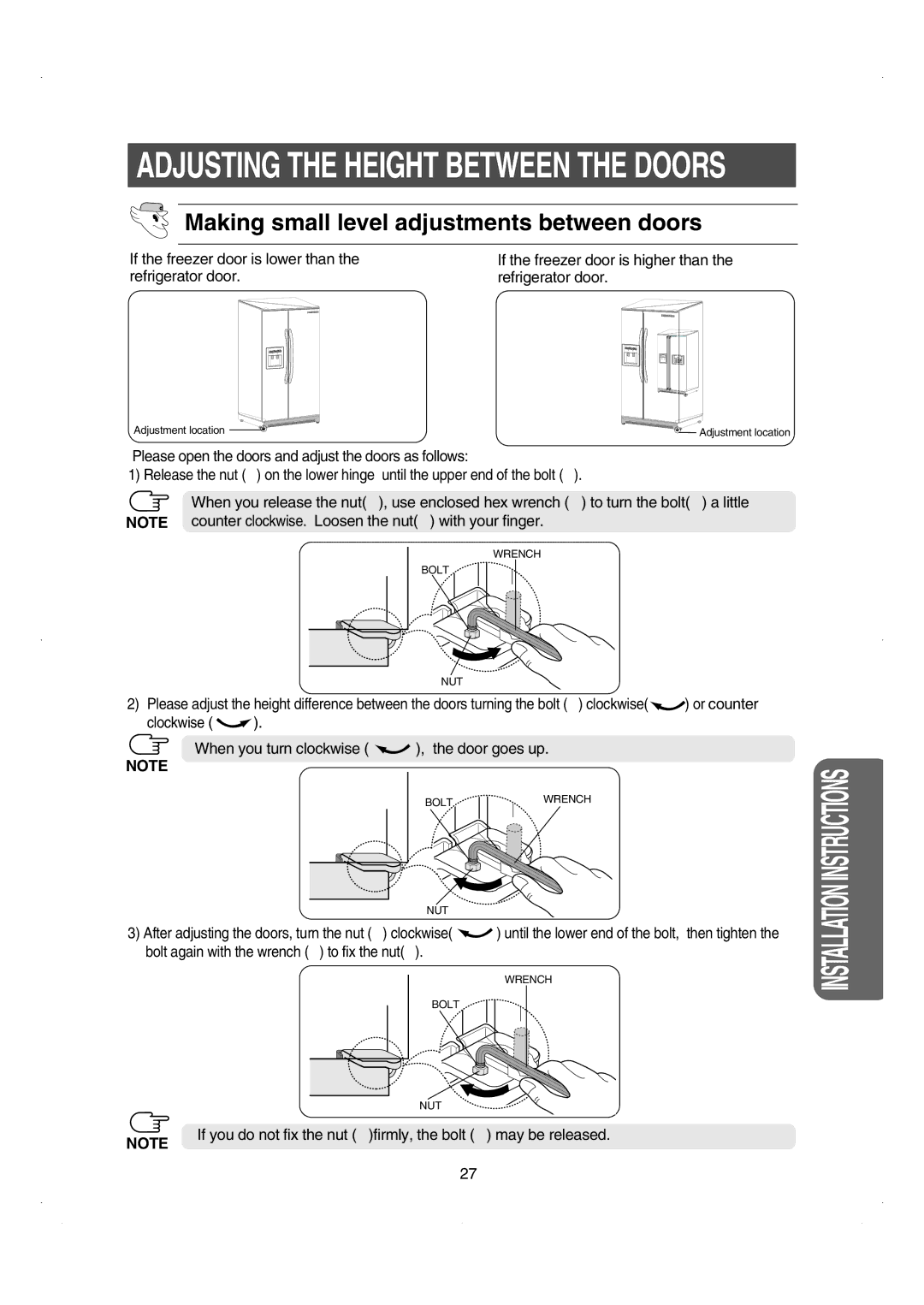 Samsung RS26WUNS installation instructions Making small level adjustments between doors 