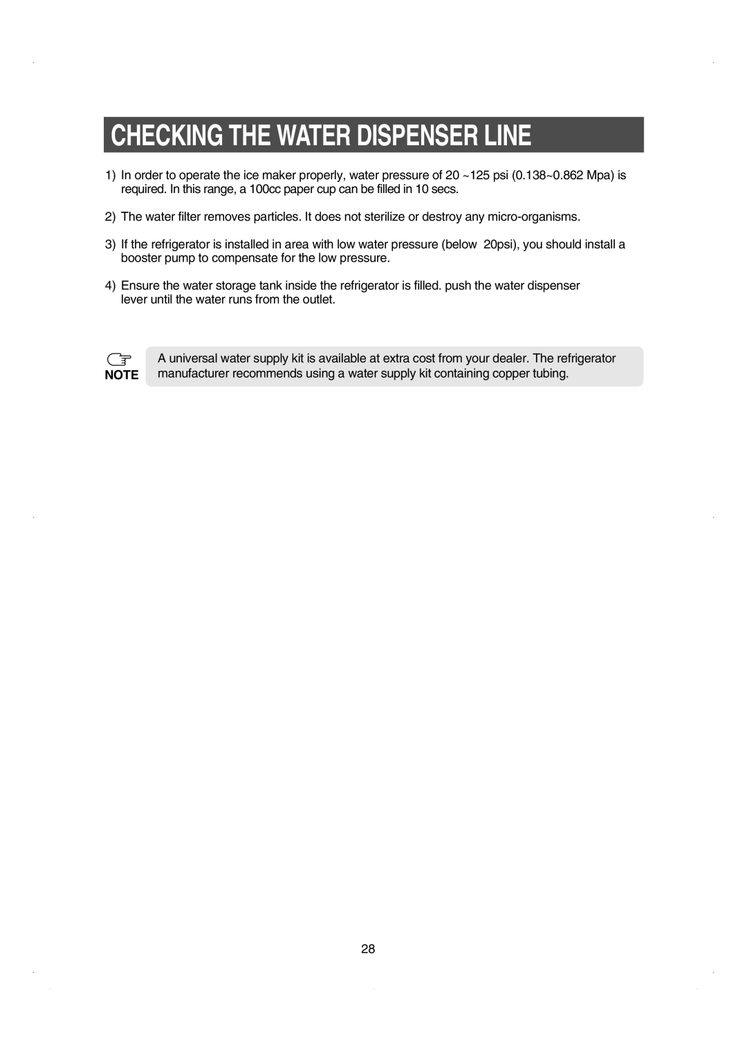 Samsung RS26WUNS installation instructions Checking the Water Dispenser Line 