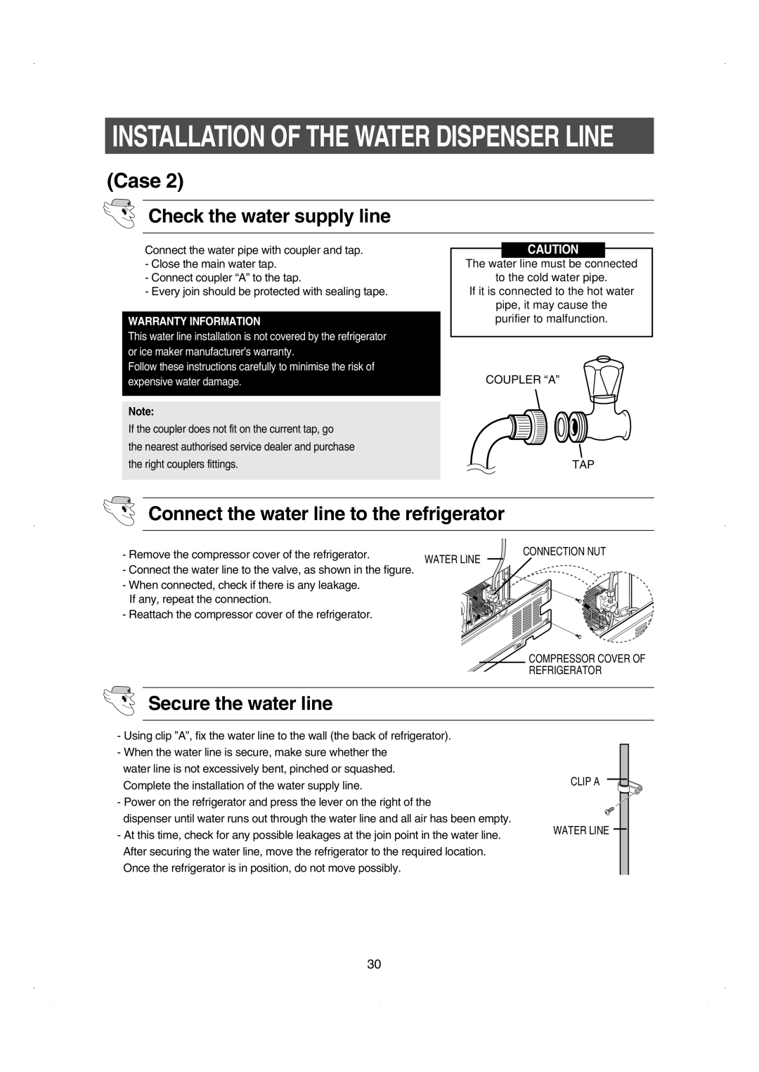 Samsung RS26WUNS installation instructions Check the water supply line, Secure the water line 