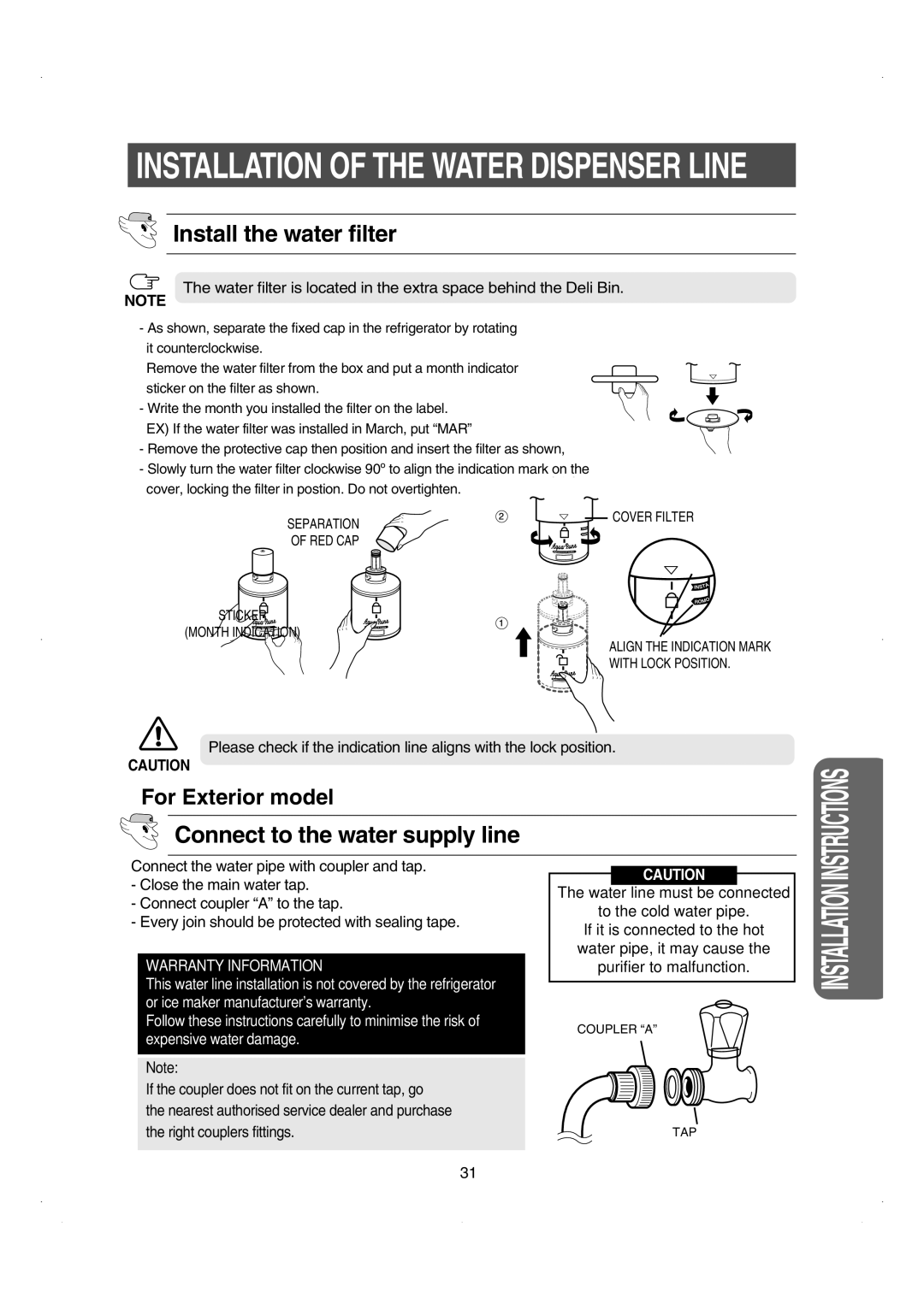 Samsung RS26WUNS installation instructions Install the water filter, Connect to the water supply line 