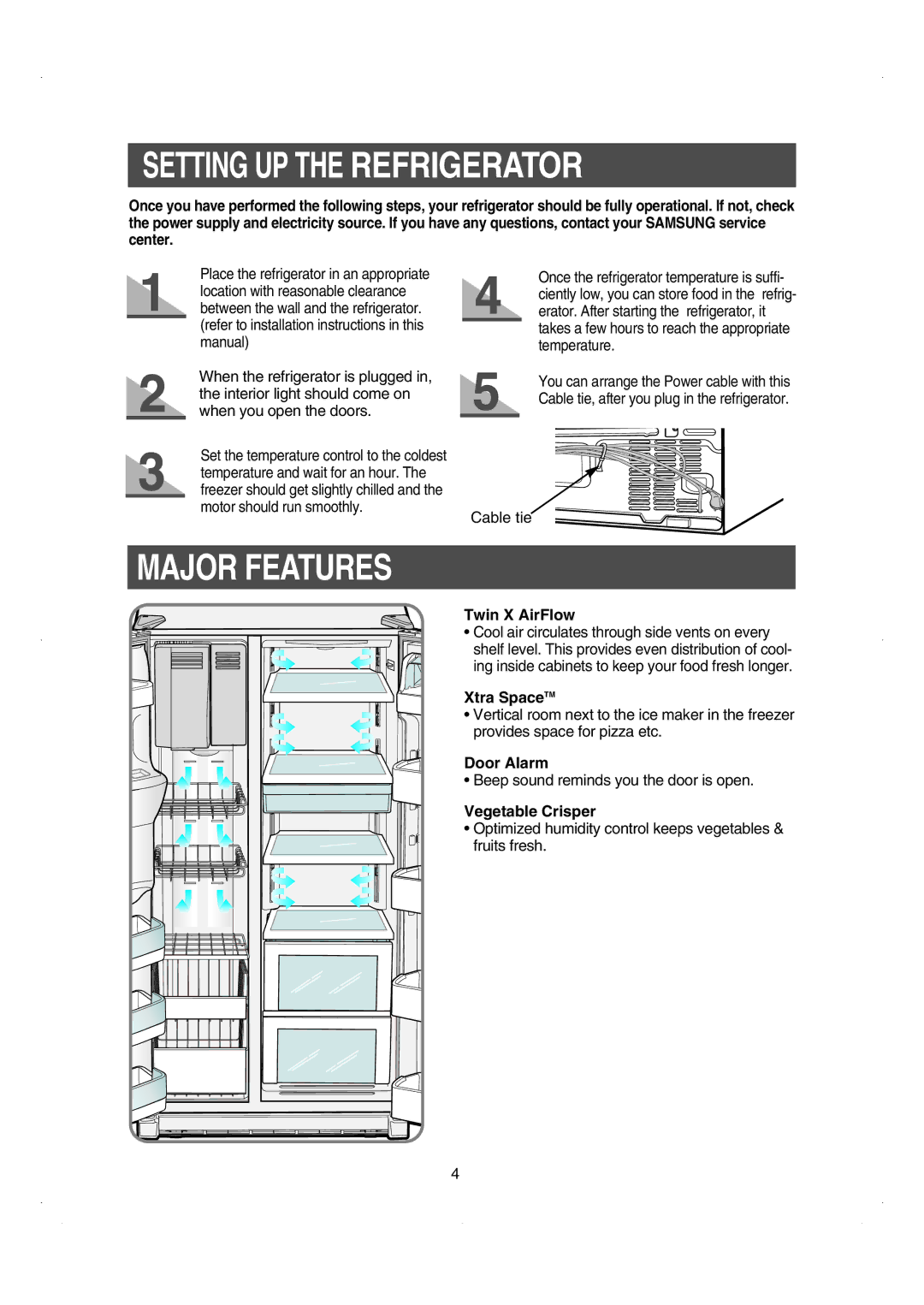 Samsung RS26WUNS installation instructions Setting UP the Refrigerator, Major Features 