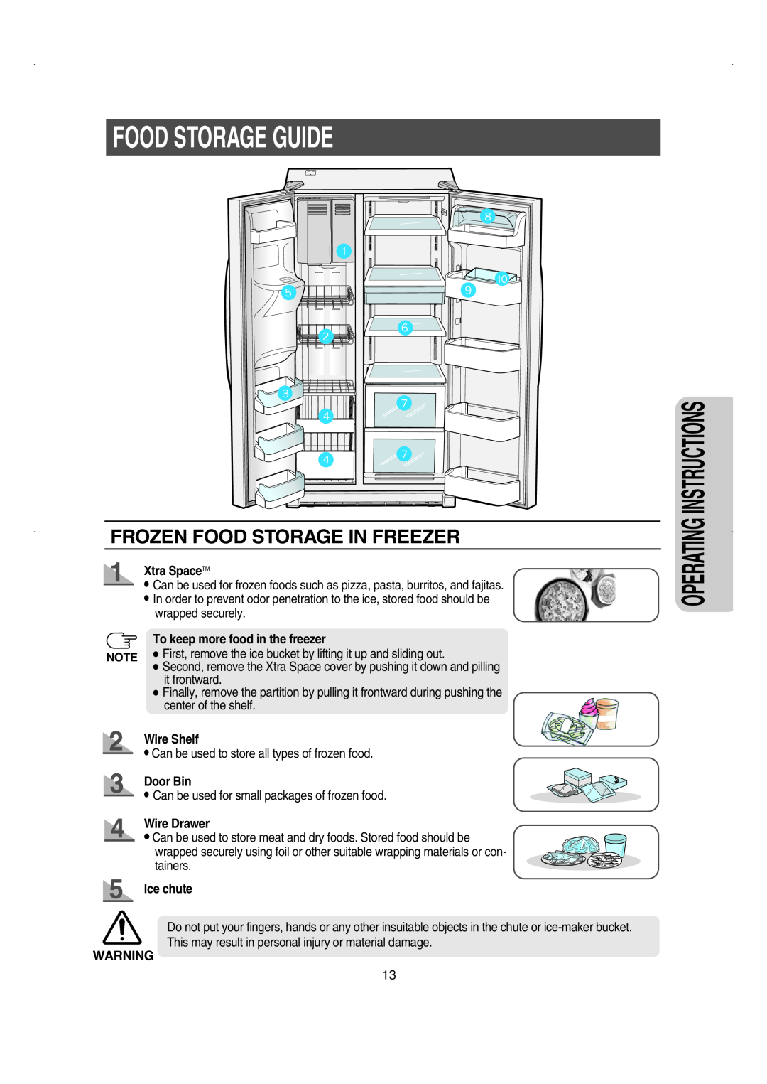 Samsung RS26WUNS Food Storage Guide, Frozen Food Storage In Freezer, To keep more food in the freezer, Wire Shelf 