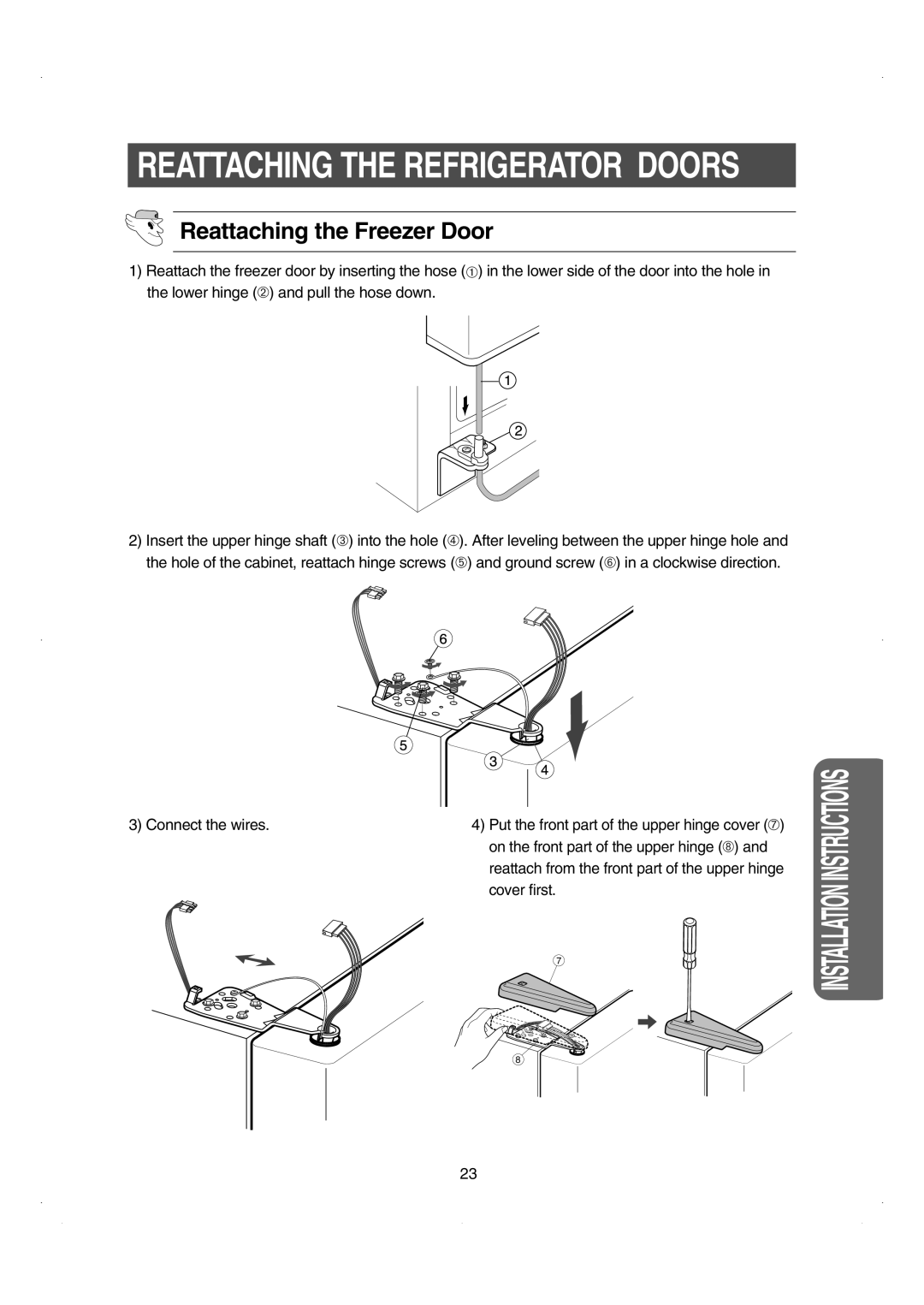 Samsung RS26WUNS Reattaching The Refrigerator Doors, Reattaching the Freezer Door, Installation Instructions 