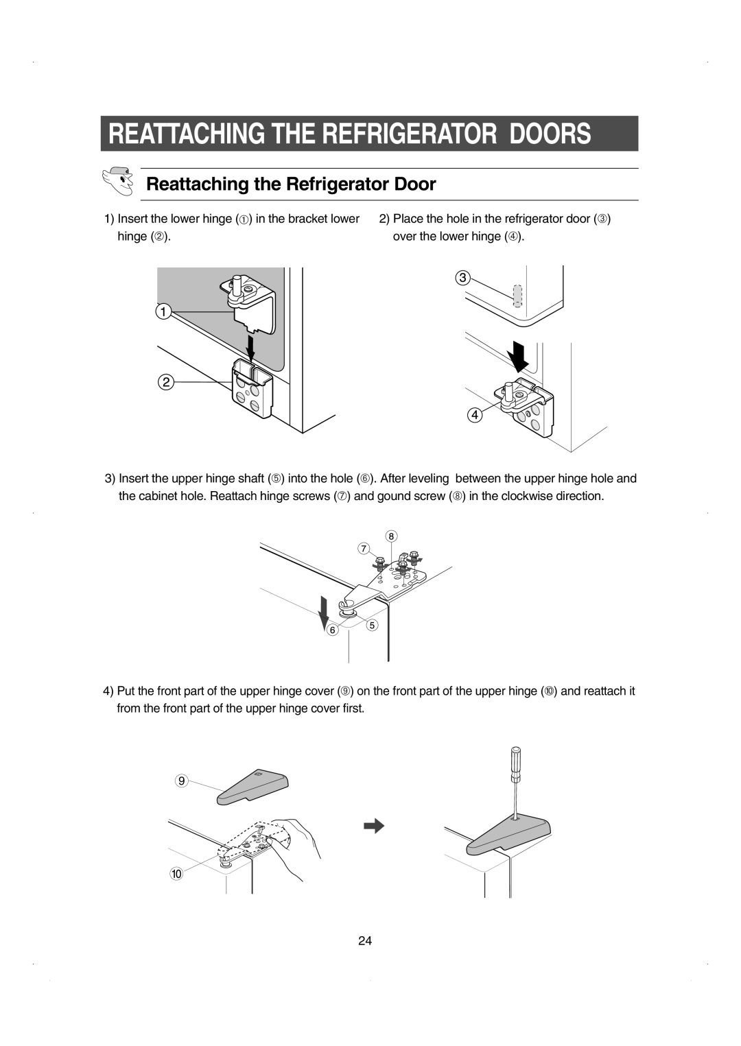 Samsung RS26WUNS installation instructions Reattaching the Refrigerator Door, Reattaching The Refrigerator Doors 