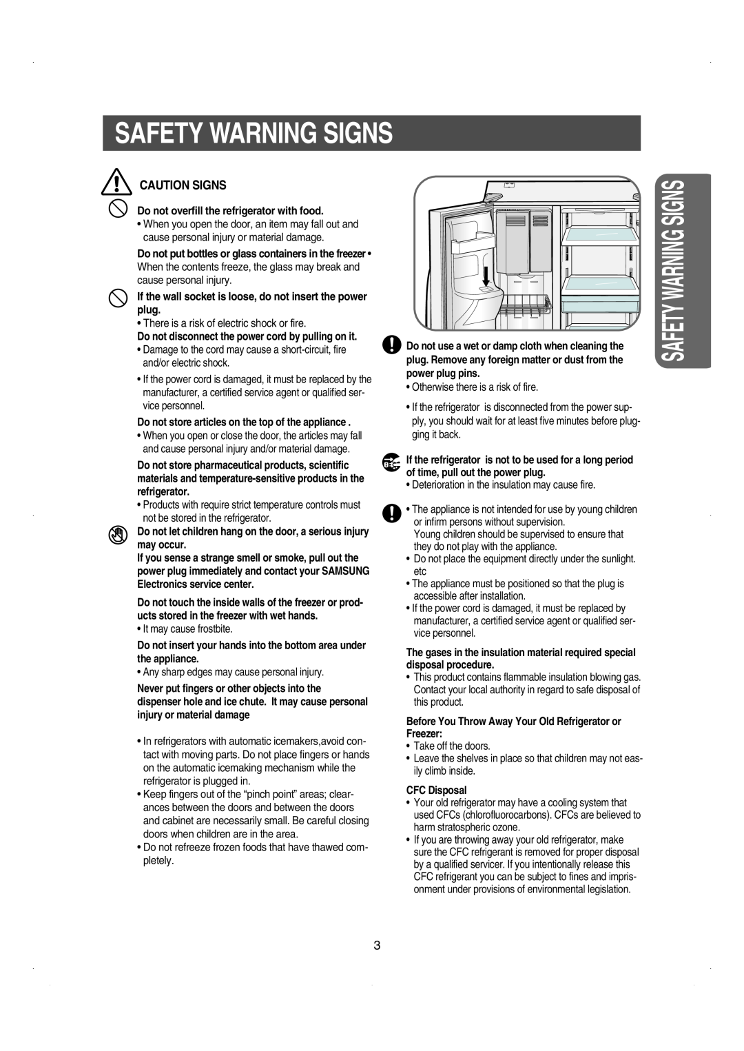 Samsung RS26WUNS Caution Signs, Safety Warning Signs, Do not overfill the refrigerator with food, CFC Disposal 