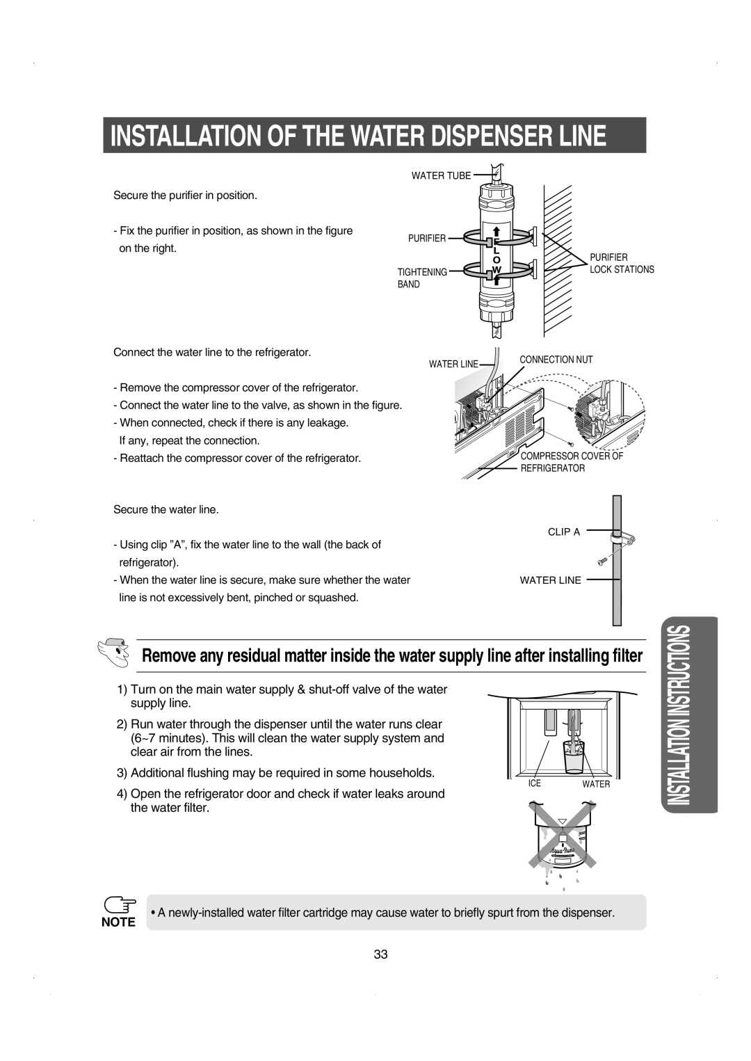 Samsung RS26WUNS installation instructions Installation Of The Water Dispenser Line, Instructions 