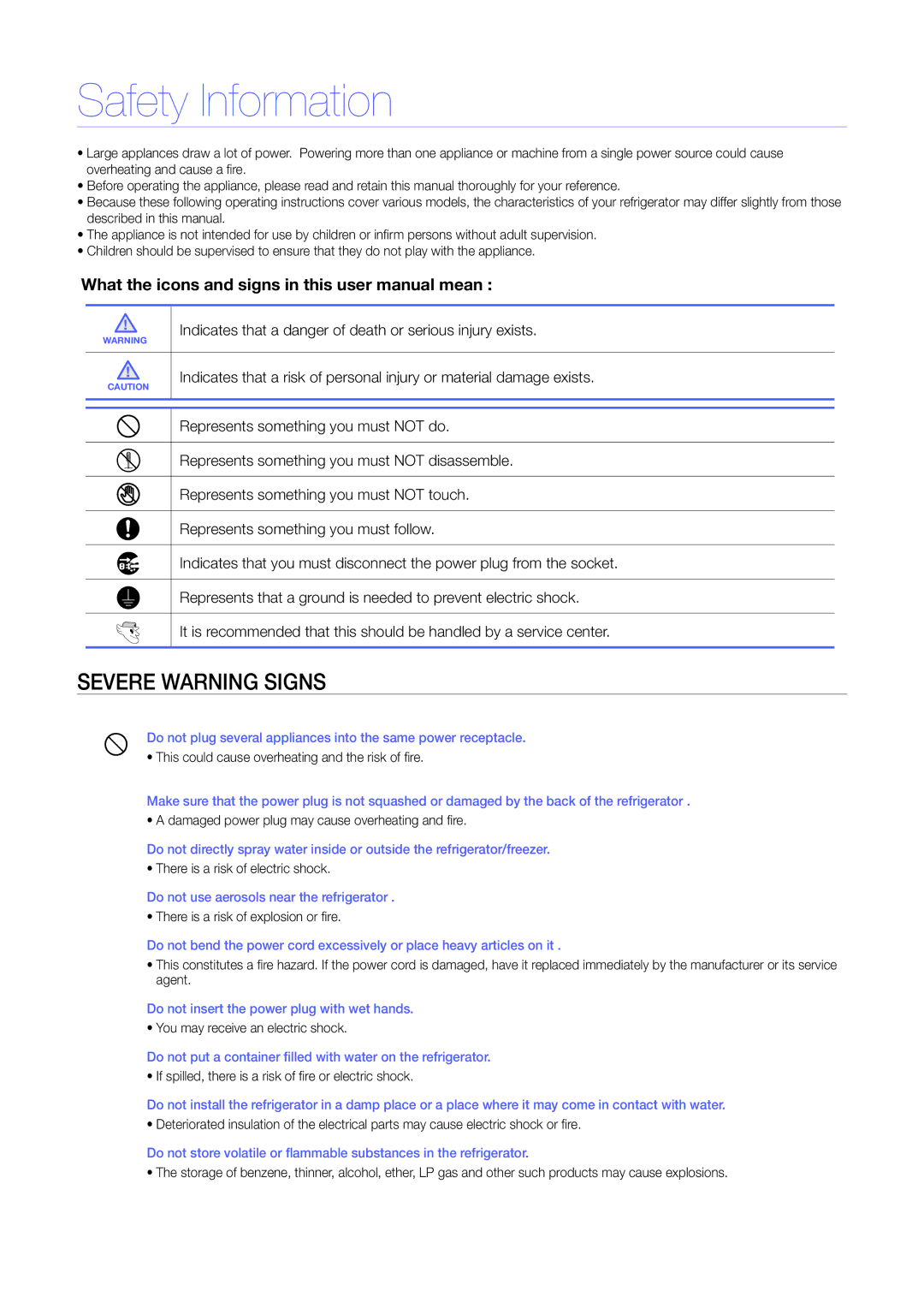 Samsung RS275, RS277 quick start Safety Information, Severe Warning Signs 