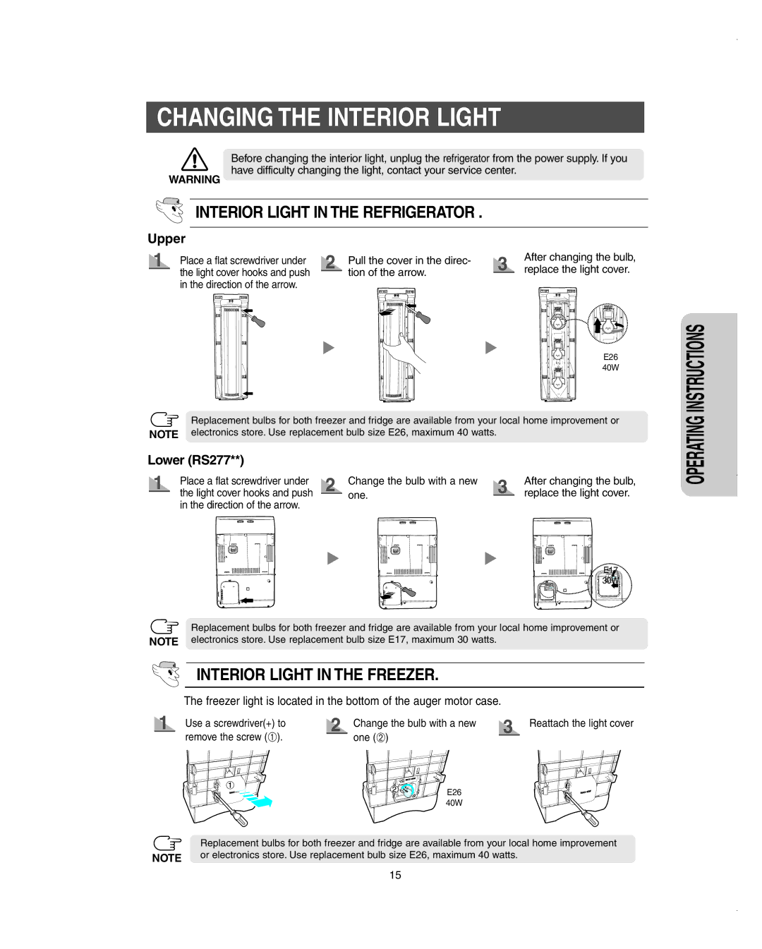 Samsung RS275ACBP/XAA owner manual Changing the Interior Light, Interior Light in the Refrigerator 