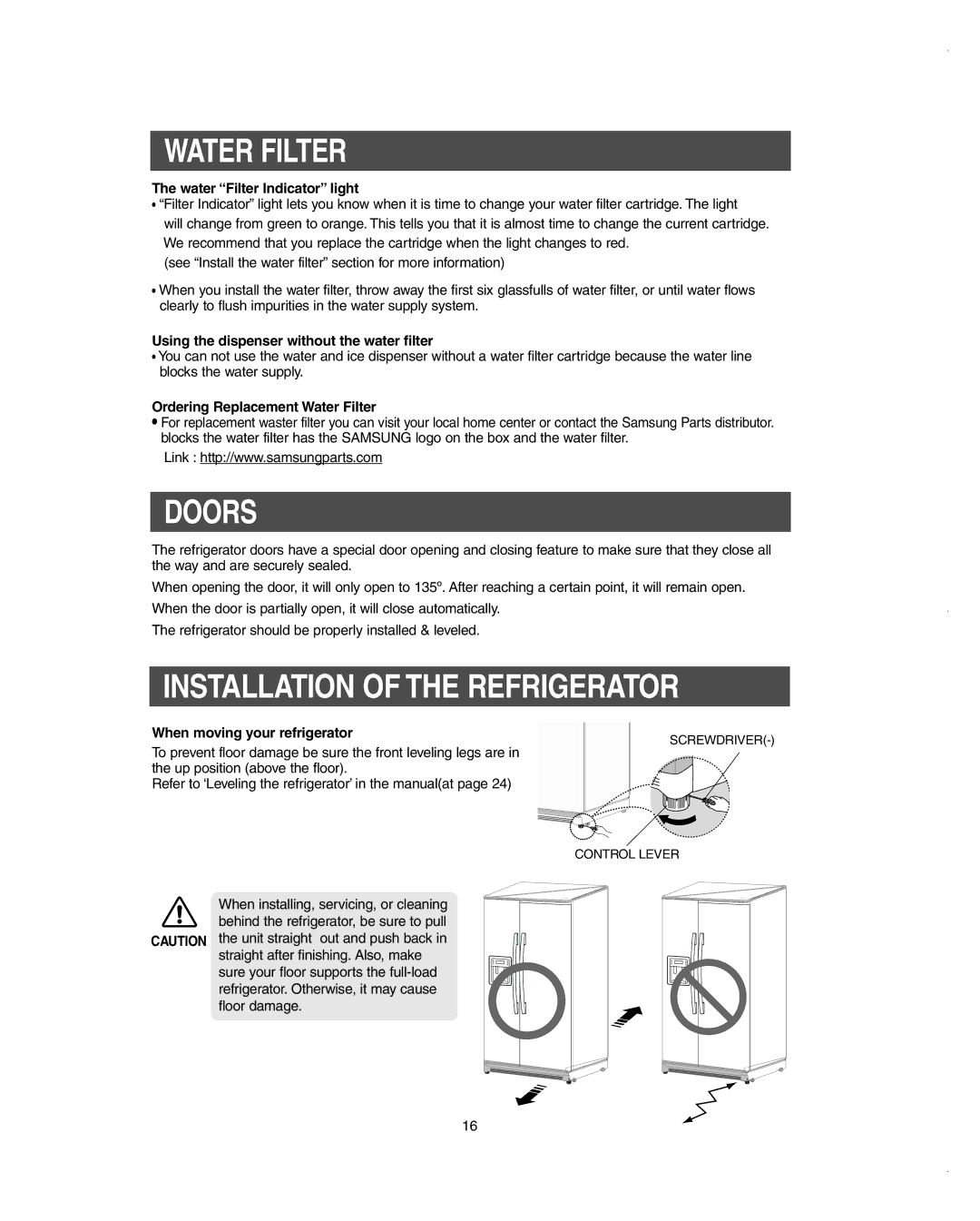 Samsung RS275ACBP/XAA owner manual Water Filter, Doors, Installation of the Refrigerator 