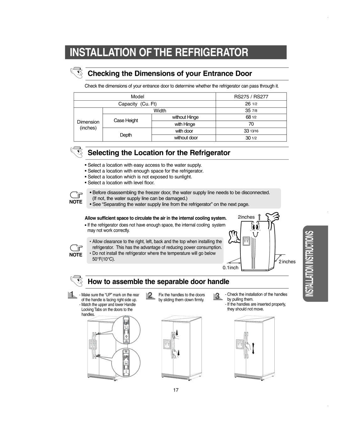 Samsung RS275ACBP/XAA Checking the Dimensions of your Entrance Door, Selecting the Location for the Refrigerator 