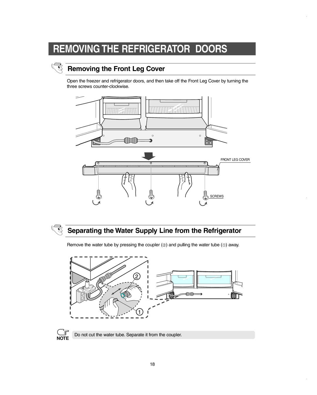 Samsung RS275ACBP/XAA owner manual Removing the Refrigerator Doors, Removing the Front Leg Cover 