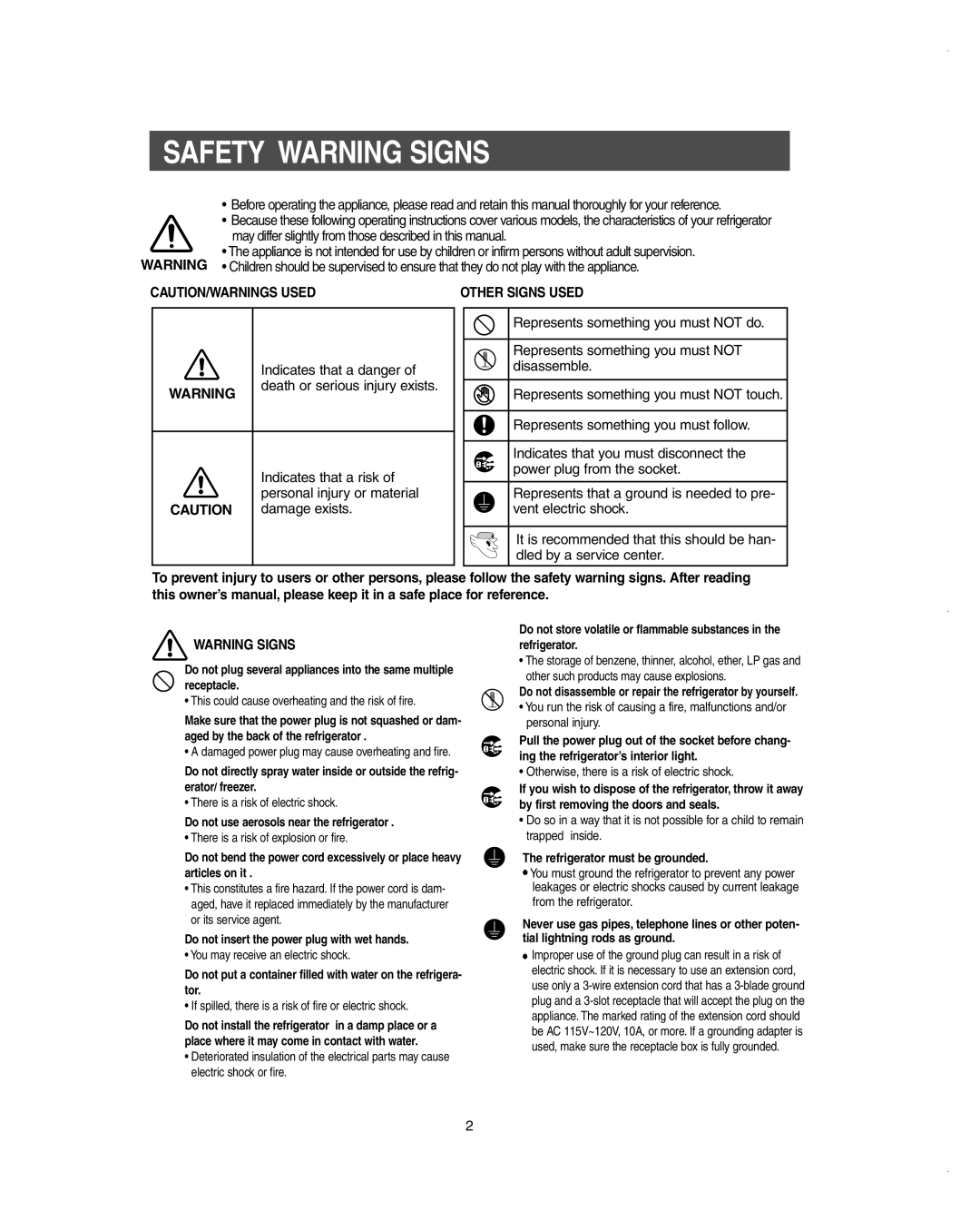 Samsung RS275ACBP/XAA owner manual Safety Warning Signs 