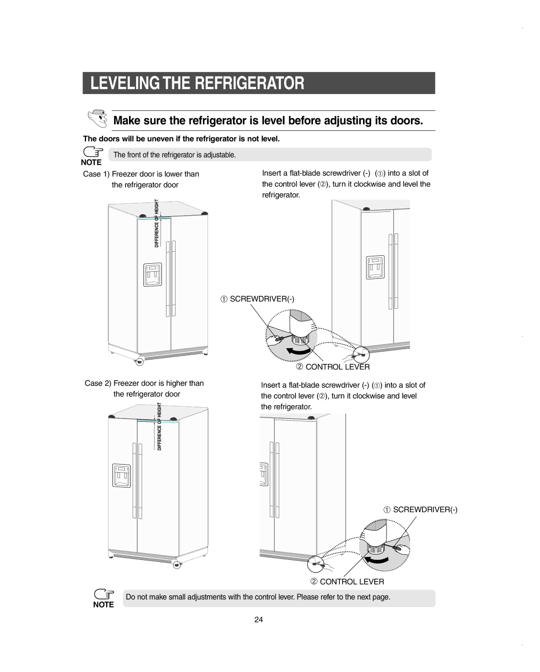 Samsung RS275ACBP/XAA owner manual Leveling the Refrigerator, Doors will be uneven if the refrigerator is not level 