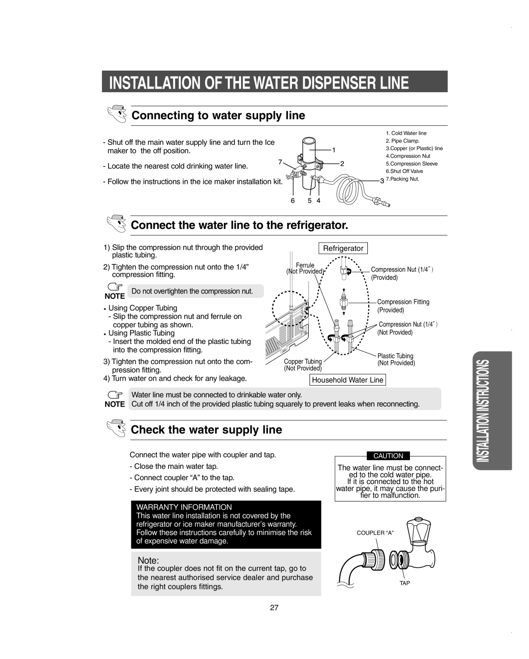 Samsung RS275ACBP/XAA owner manual Connecting to water supply line, Connect the water line to the refrigerator 