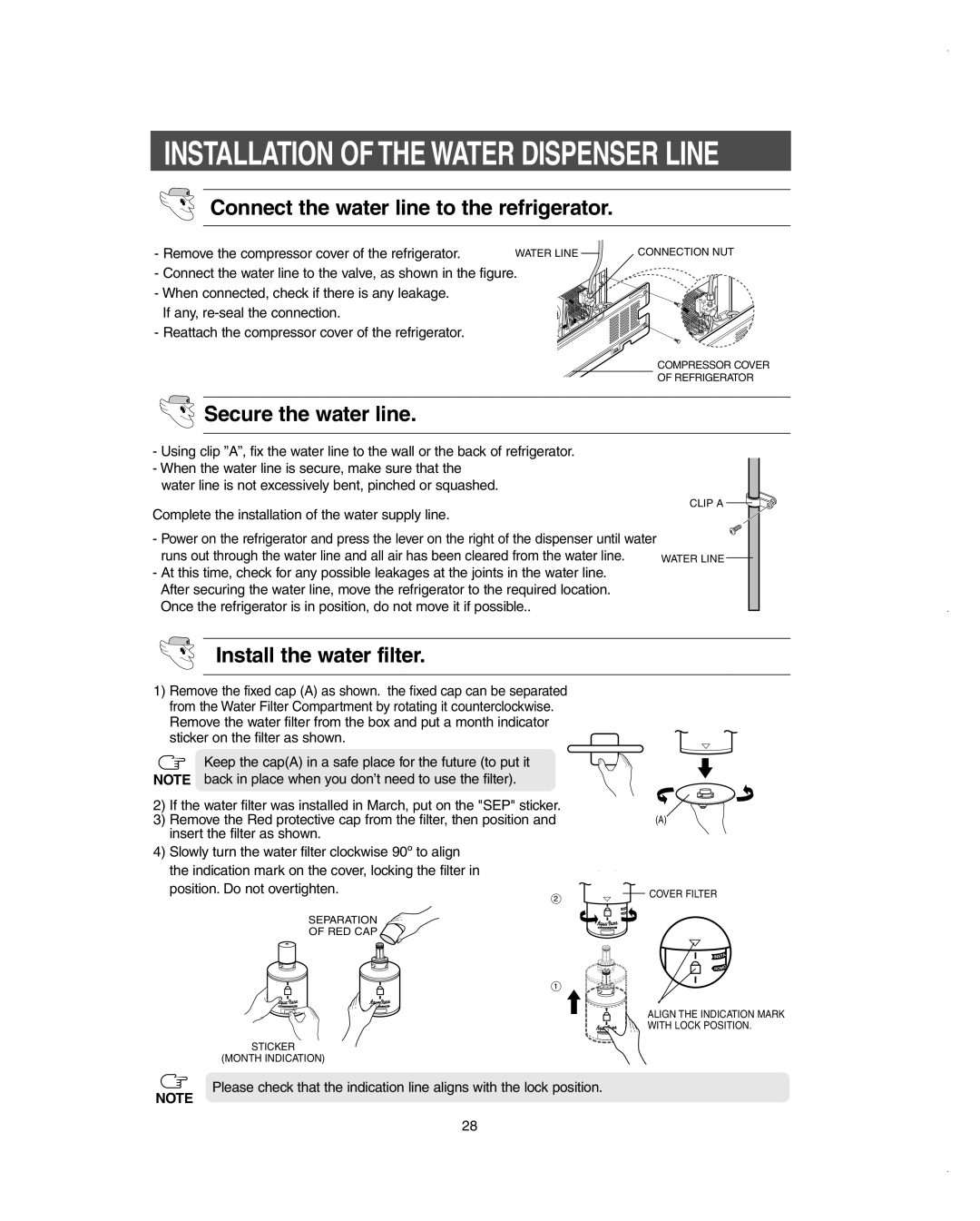 Samsung RS275ACBP/XAA Installation of the Water Dispenser Line, Secure the water line, Install the water filter 