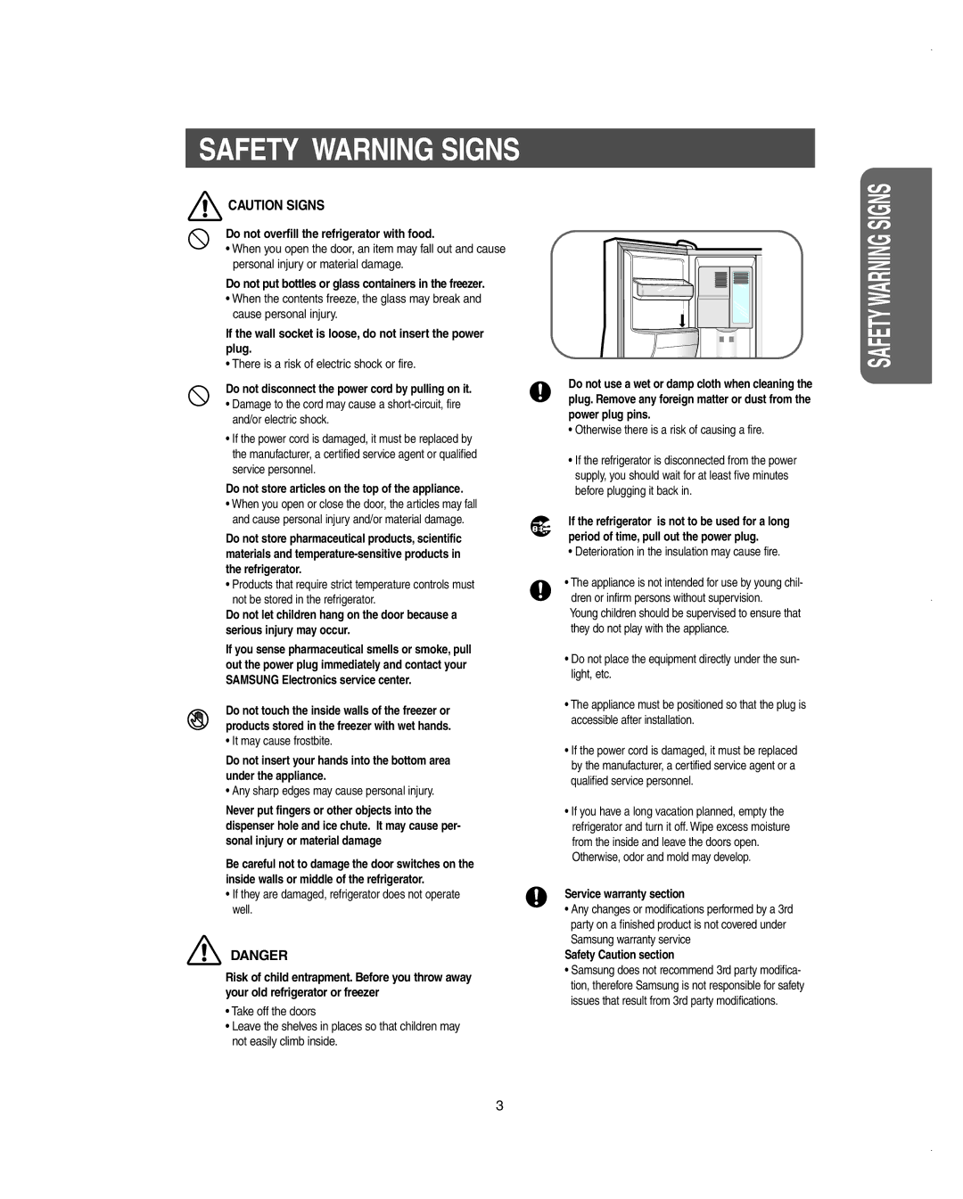 Samsung RS275ACBP/XAA owner manual Safety Warning Signs 