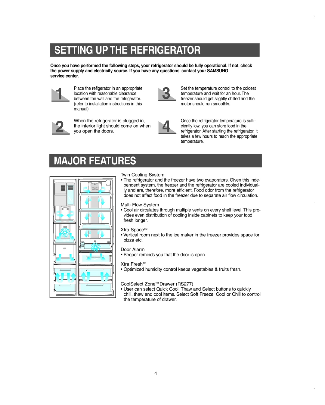 Samsung RS275ACBP/XAA owner manual Setting UP the Refrigerator, Major Features, Service center 