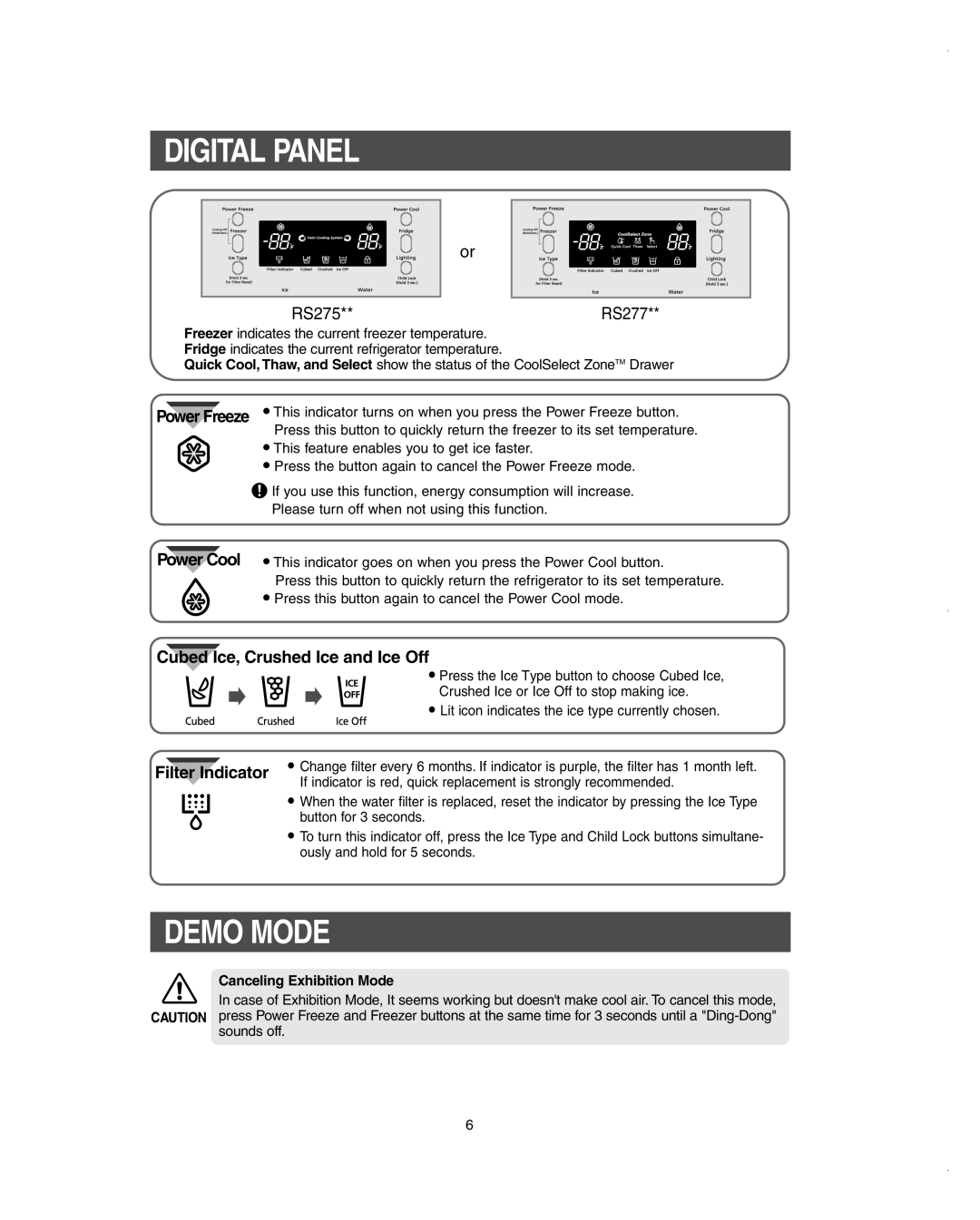 Samsung RS275ACBP/XAA owner manual Digital Panel, Demo Mode, Canceling Exhibition Mode 