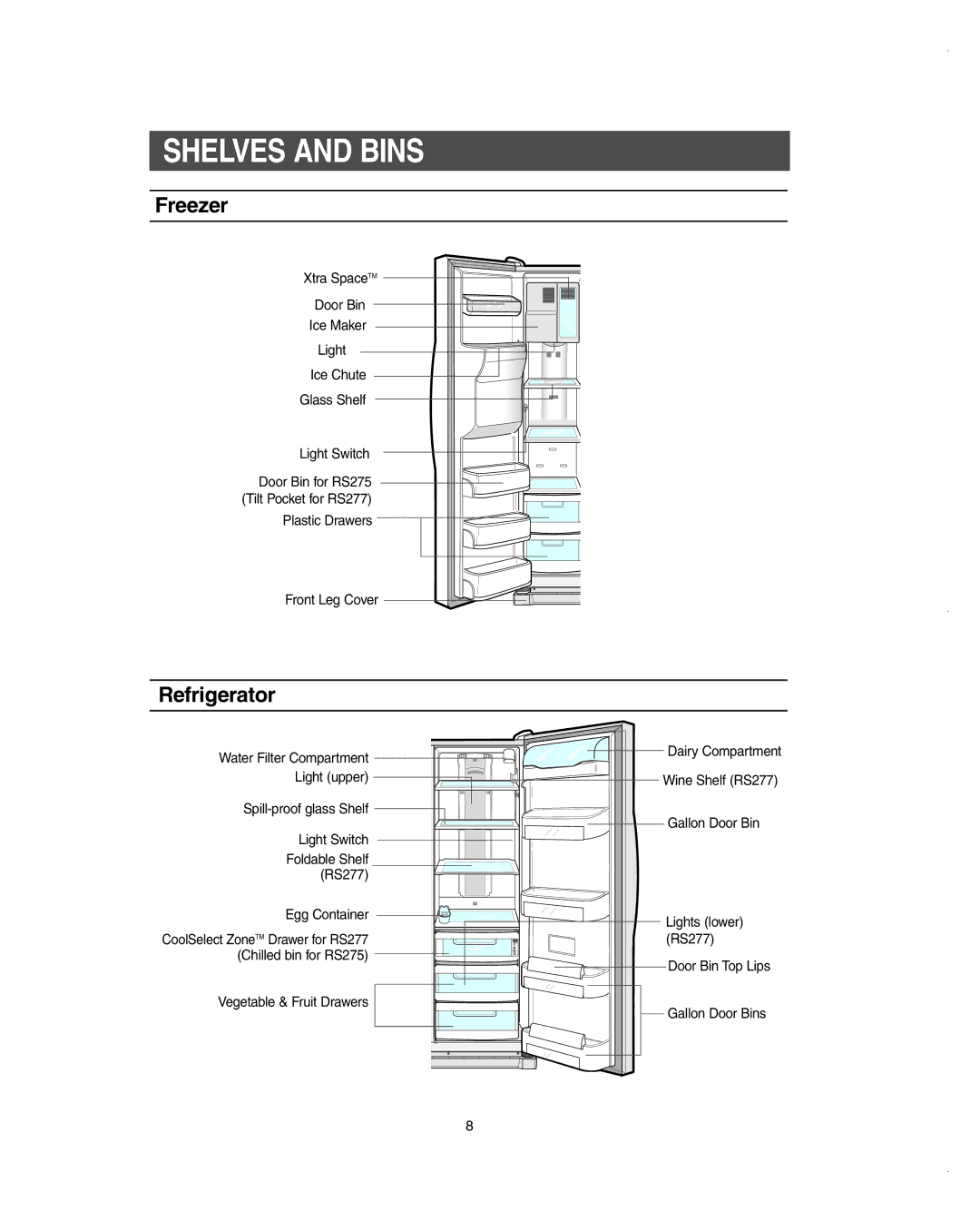 Samsung RS275ACBP/XAA owner manual Shelves and Bins, Freezer, Refrigerator 