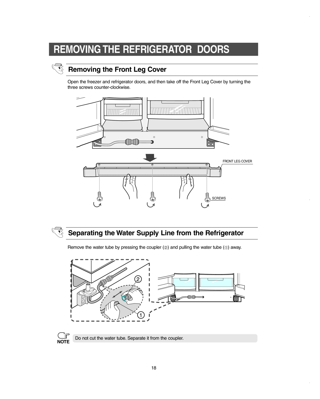Samsung RS275ACBP/XAA owner manual Removing The Refrigerator Doors, Removing the Front Leg Cover 