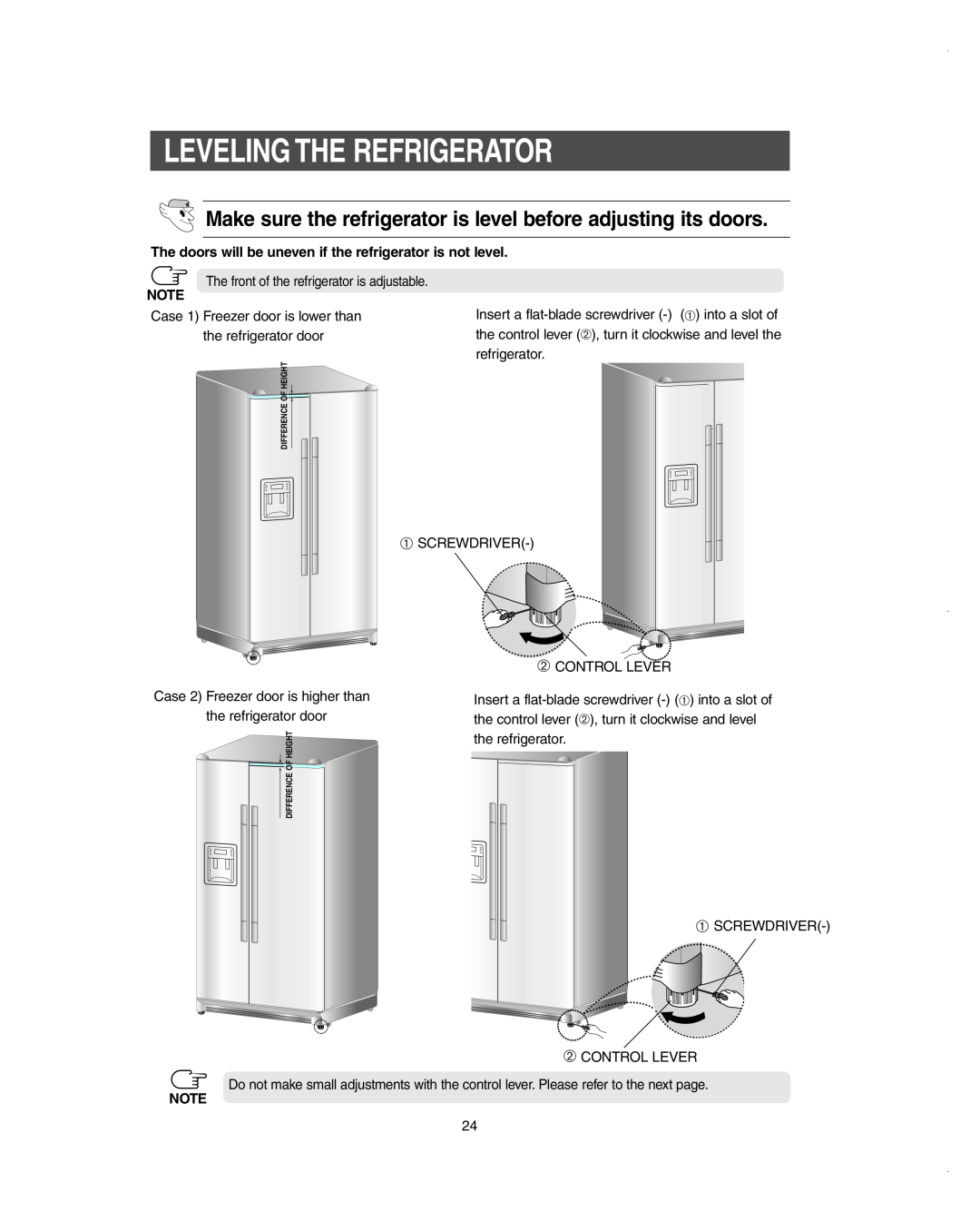 Samsung RS275ACBP/XAA Leveling The Refrigerator, Make sure the refrigerator is level before adjusting its doors 