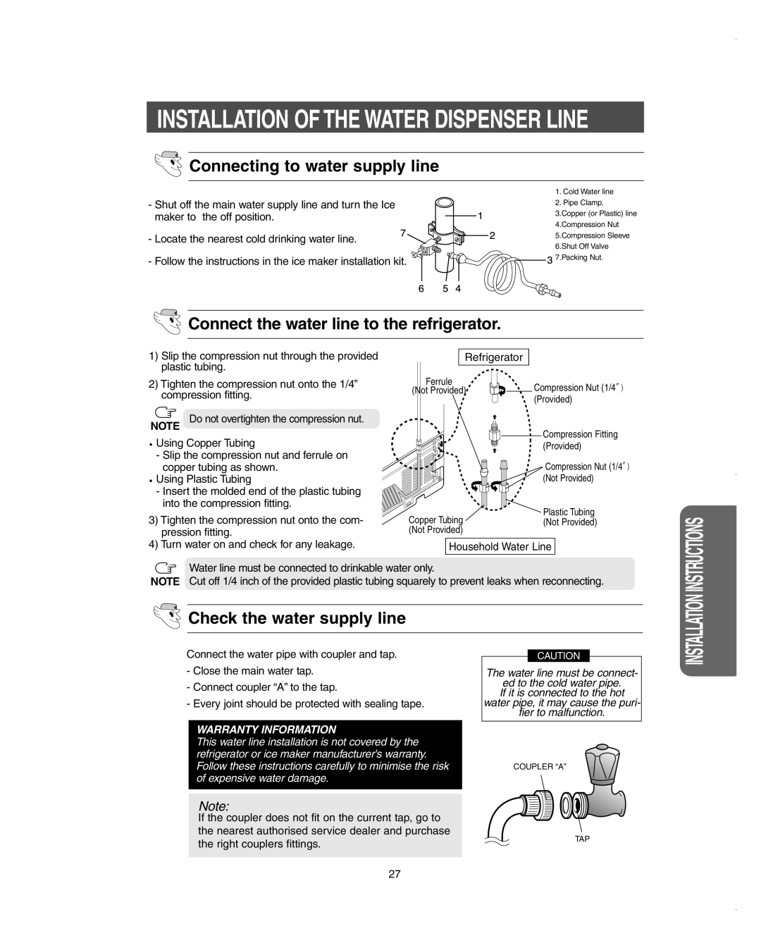 Samsung RS275ACBP/XAA owner manual Installation Of The Water Dispenser Line, Connecting to water supply line, Instructions 