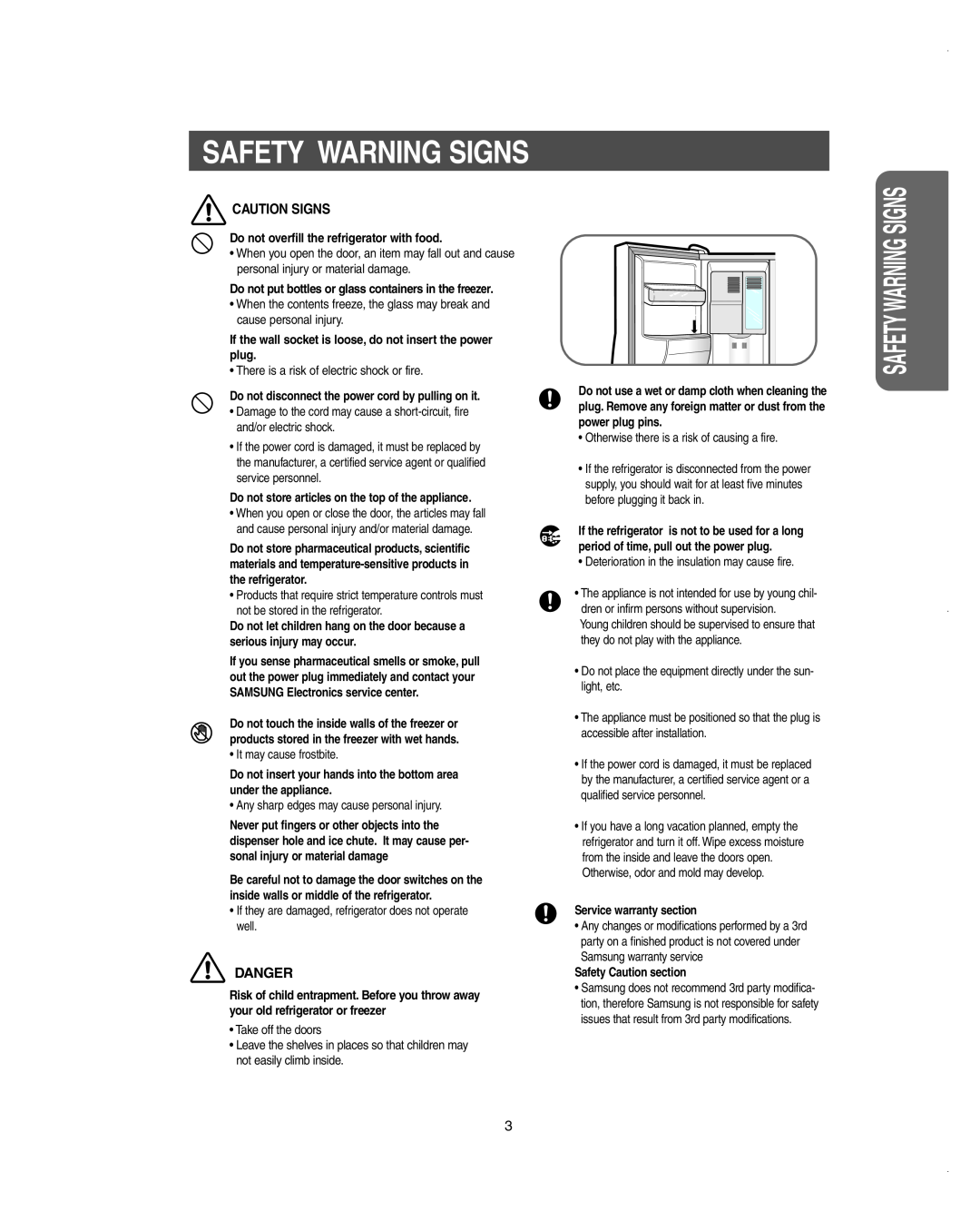 Samsung RS275ACBP/XAA owner manual Caution Signs, Danger, Safety Warning Signs, Do not overfill the refrigerator with food 