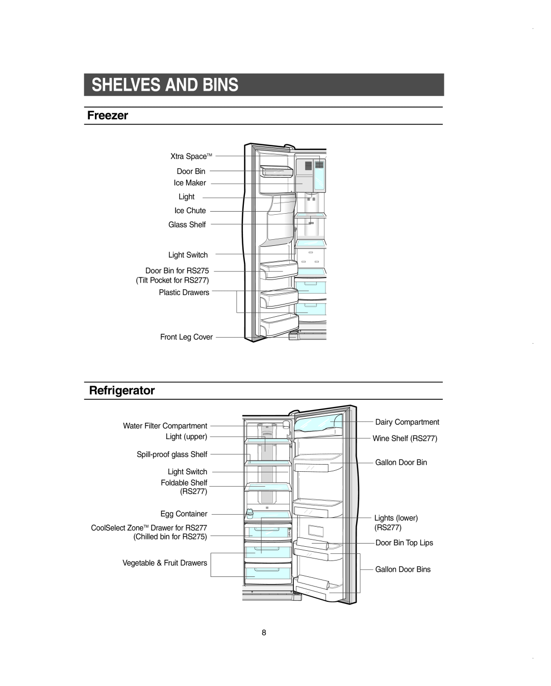 Samsung RS275ACBP/XAA owner manual Shelves And Bins, Freezer, Refrigerator 