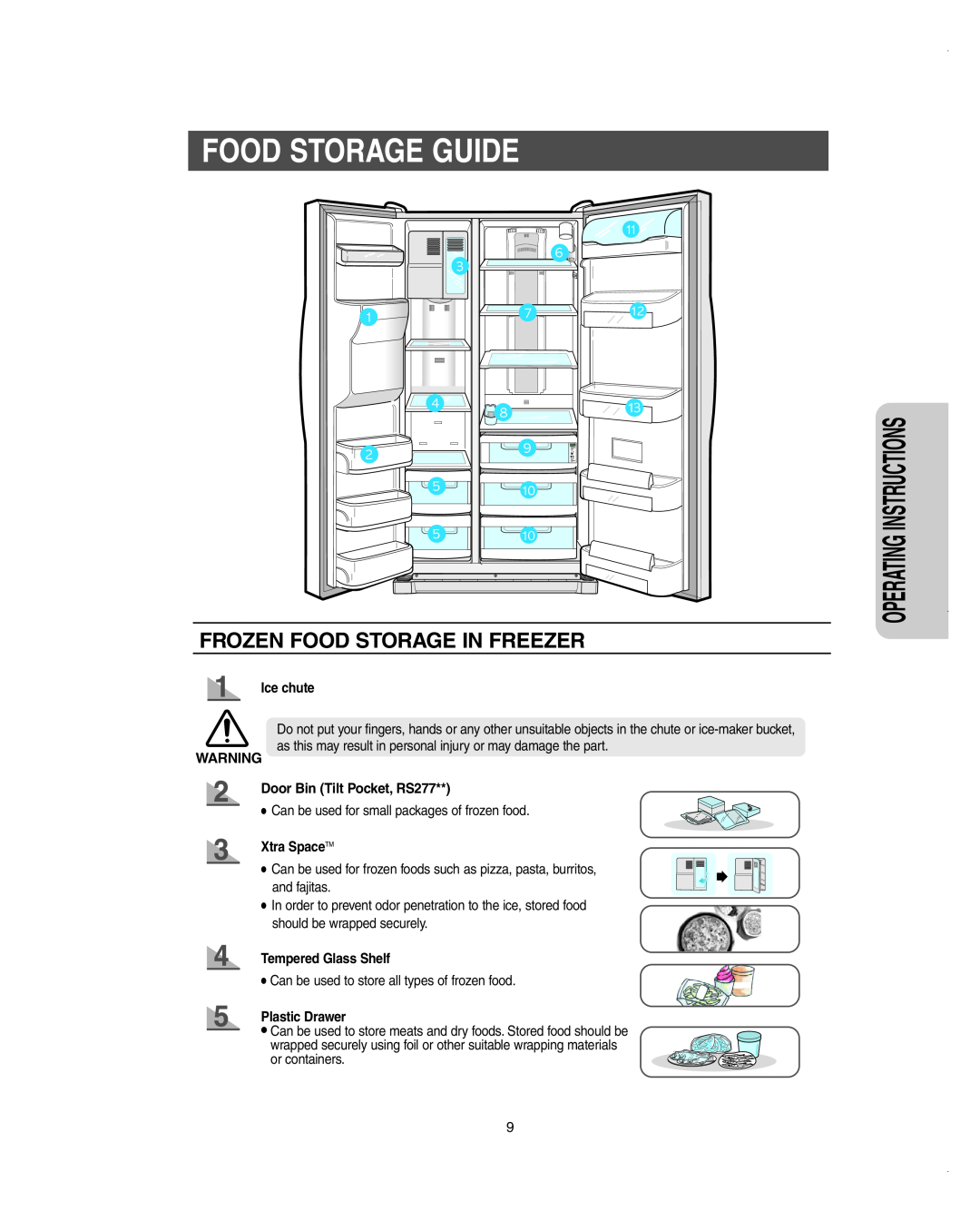 Samsung RS275ACBP/XAA Food Storage Guide, Frozen Food Storage In Freezer, Ice chute, Door Bin Tilt Pocket, RS277 