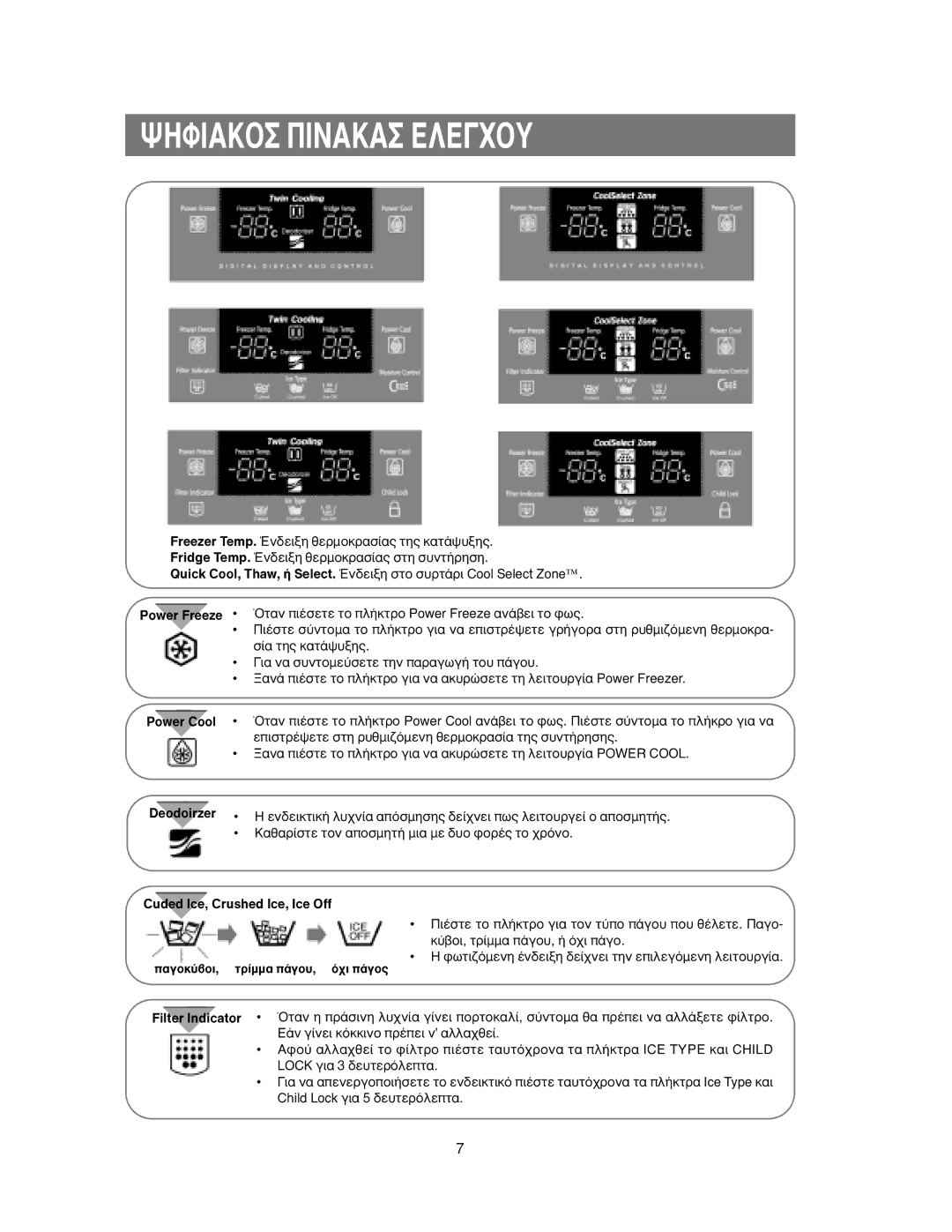 Samsung RS27KANS1/EUR manual ∏ºπ∞√ ¶π¡∞∞ ∂§∂Ã√À, Power Freeze Power Cool Deodoirzer, Cuded Ice, Crushed Ice, Ice Off 