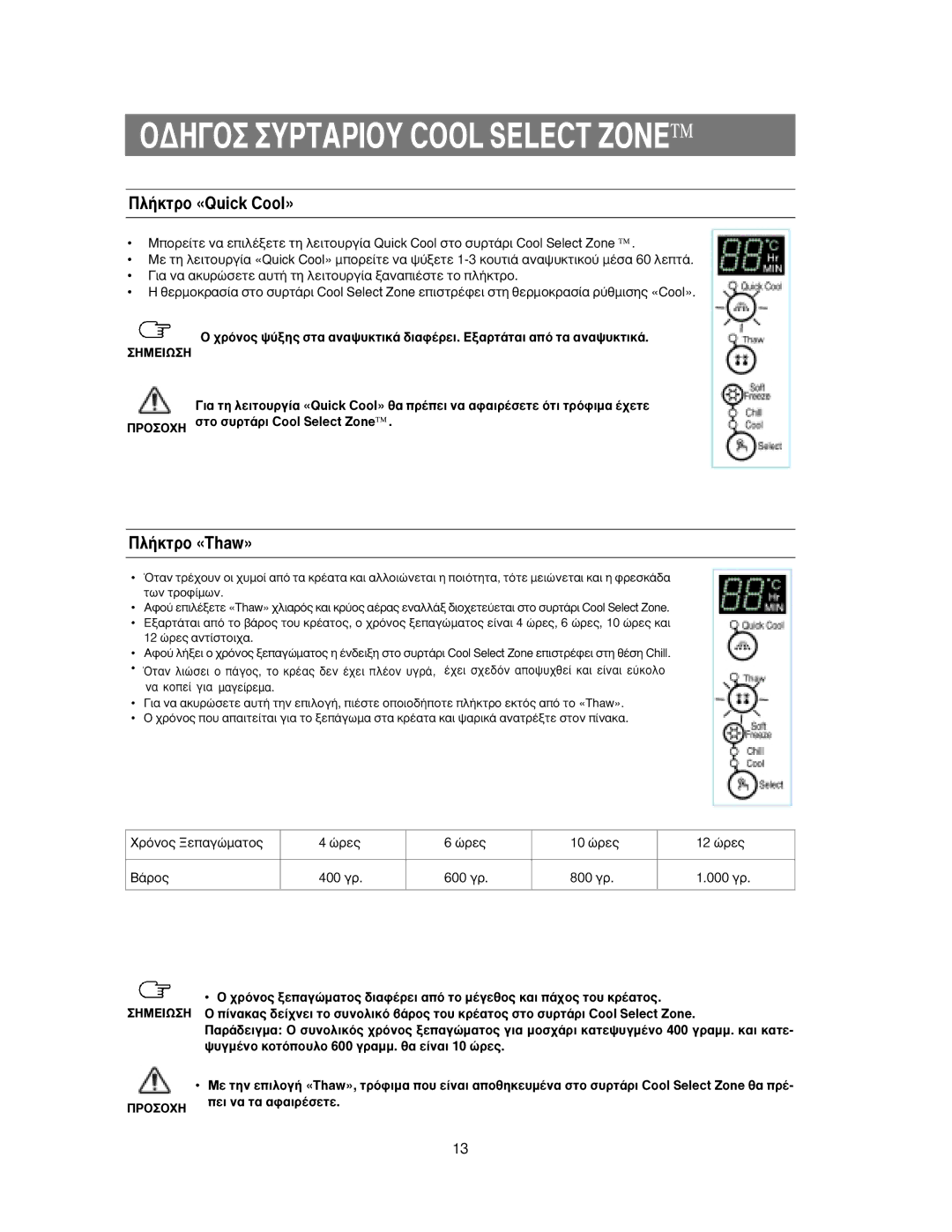 Samsung RS24KLMR1/SML, RS27KGRS1/EUR, RS24KLAT1/SML, RS24KANS1/EUR, RS24KASW1/EUR manual ¶Ï‹ÎÙÚÔ «Quick Cool», ¶Ï‹ÎÙÚÔ «Thaw» 