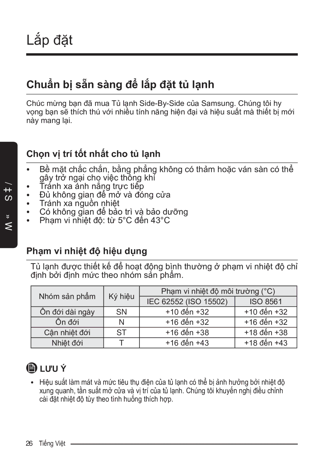 Samsung RS52N3303SL/SV manual Lắp đặt, Chuẩn bị sẵn sàng để lắp đặt tủ lạnh 