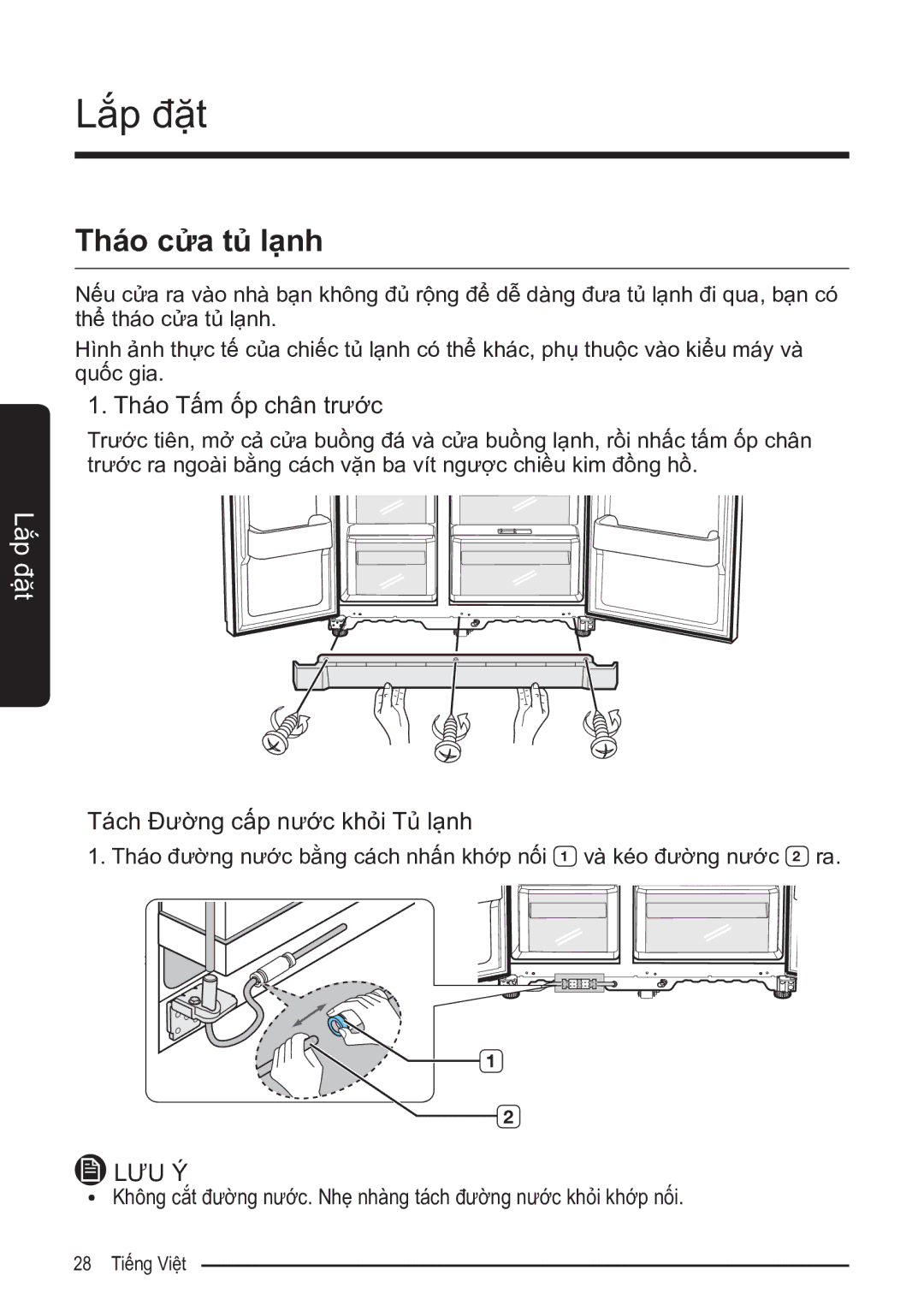 Samsung RS52N3303SL/SV manual Tháo cửa tủ lạnh, Tháo Tấm ốp chân trước, Tách Đường cấp nước khỏi Tủ lạnh 