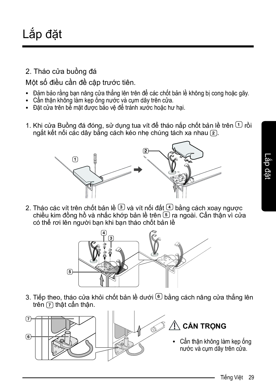 Samsung RS52N3303SL/SV manual Tháo cửa buồng đá Một số điều cần đề cập trước tiên 