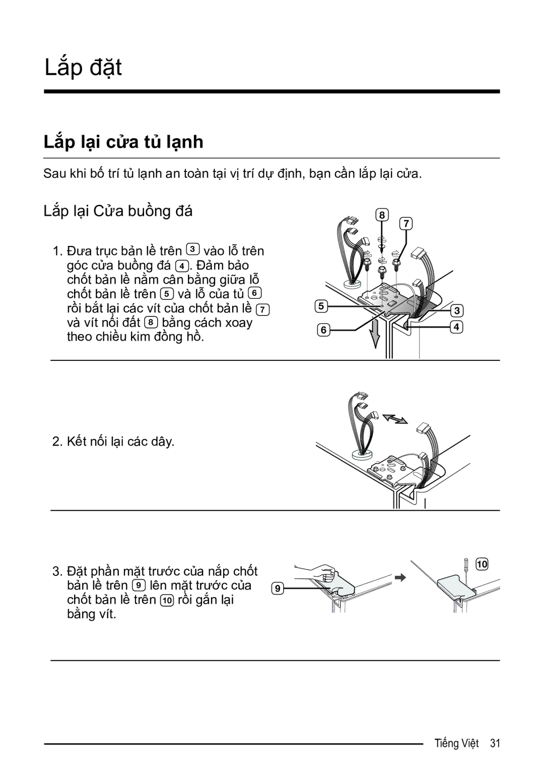 Samsung RS52N3303SL/SV manual Lắp lại cửa tủ lạnh, Lắp lại Cửa buồng đá 