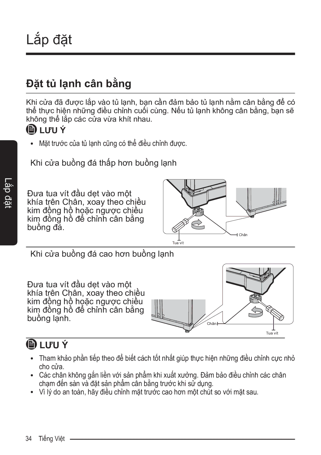 Samsung RS52N3303SL/SV manual Đặt tủ lạnh cân bằng 