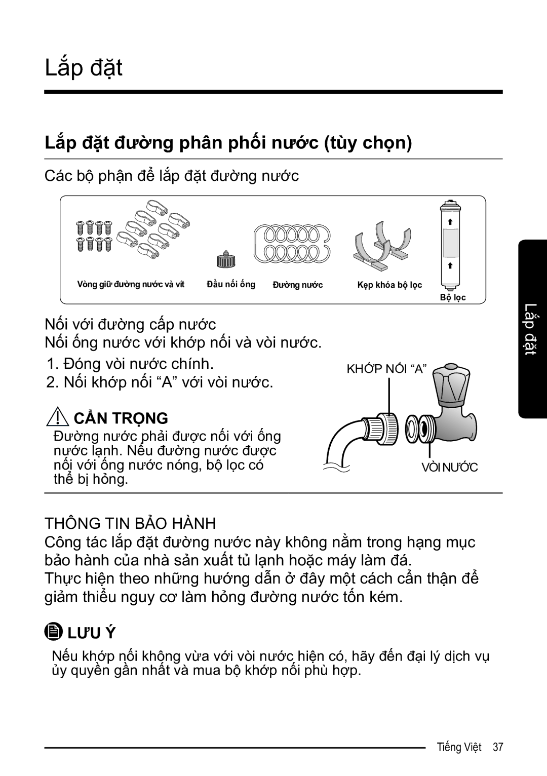 Samsung RS52N3303SL/SV manual Lắp đặt đường phân phối nước tùy chọn, Thông TIN BẢO Hành 