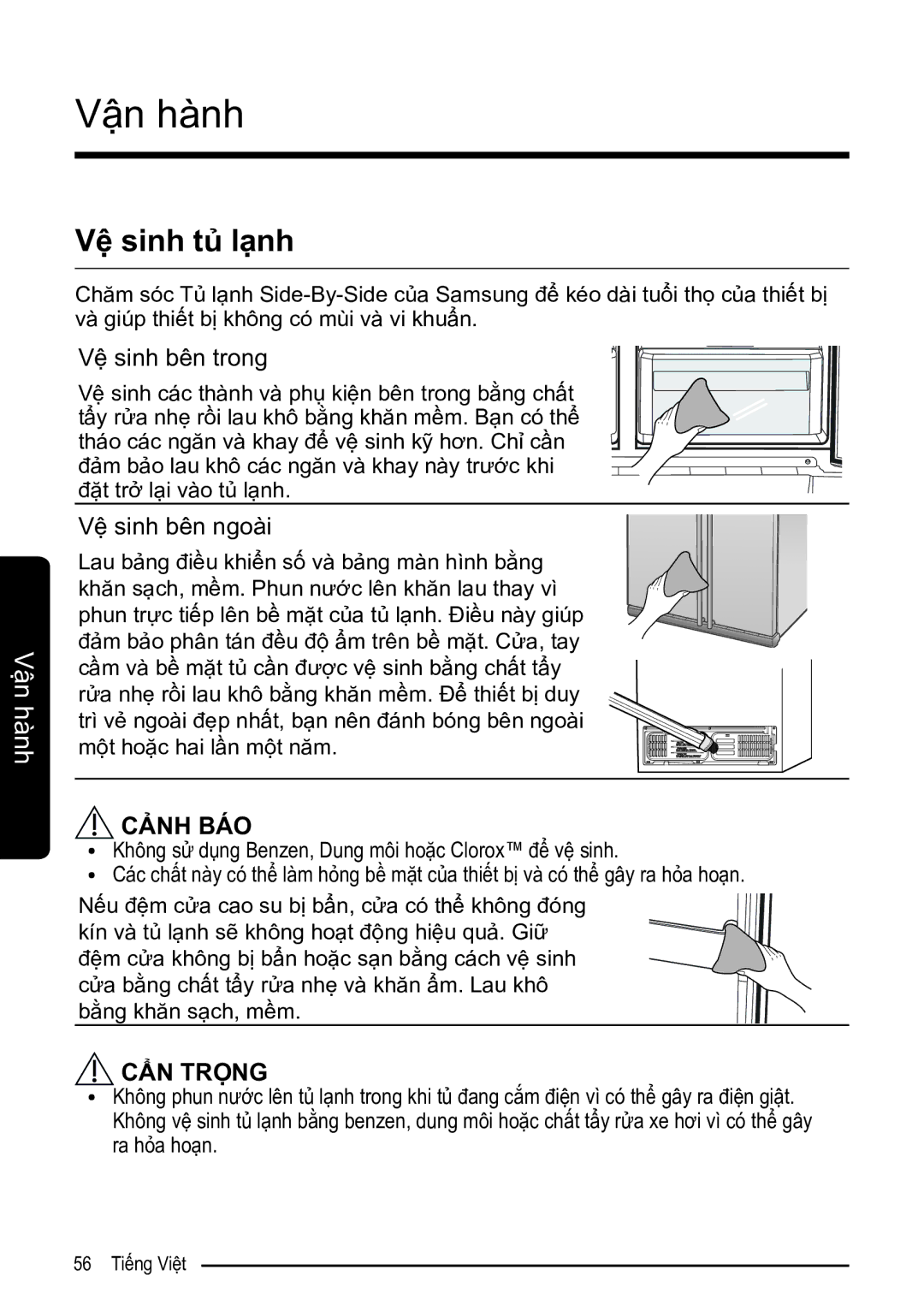 Samsung RS52N3303SL/SV manual Vệ sinh tủ lạnh, Vệ sinh bên trong, Vệ sinh bên ngoài 