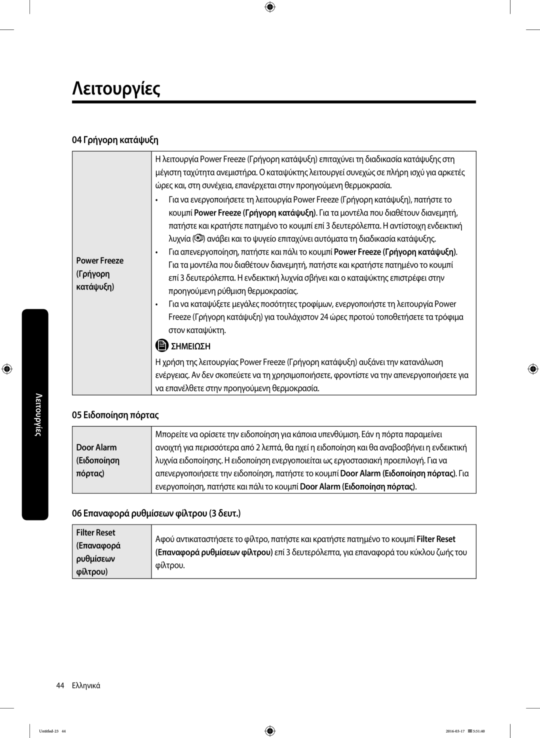 Samsung RS53K4400SA/EF, RS53K4600SA/EF 04 Γρήγορη κατάψυξη, 05 Ειδοποίηση πόρτας, 06 Επαναφορά ρυθμίσεων φίλτρου 3 δευτ 