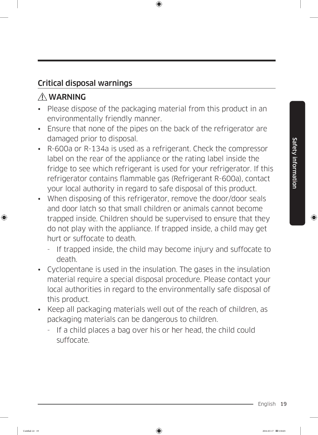 Samsung RS53K4600SA/EF, RS53K4400SA/EF manual Critical disposal warnings 