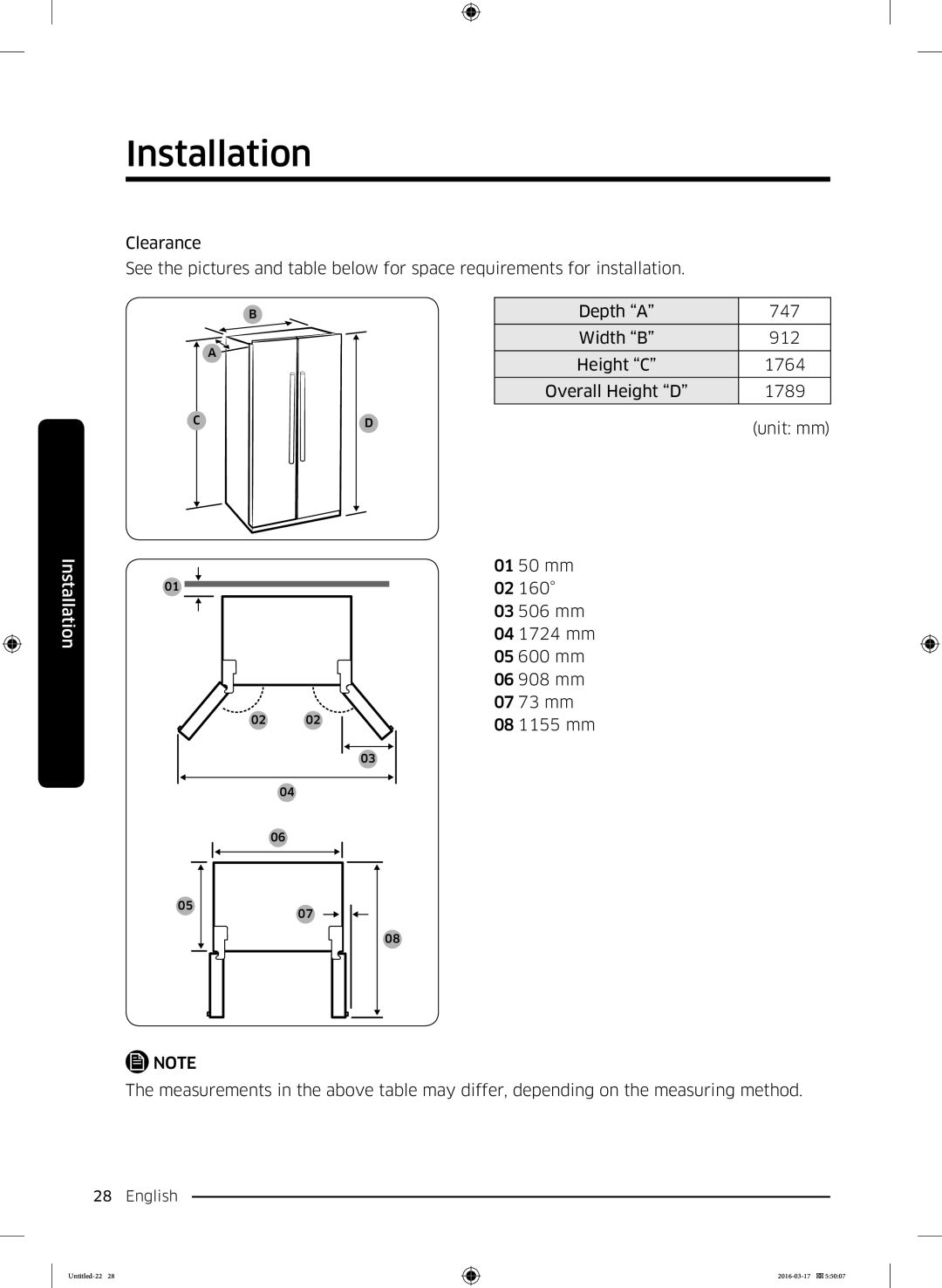 Samsung RS53K4400SA/EF, RS53K4600SA/EF manual Installation 