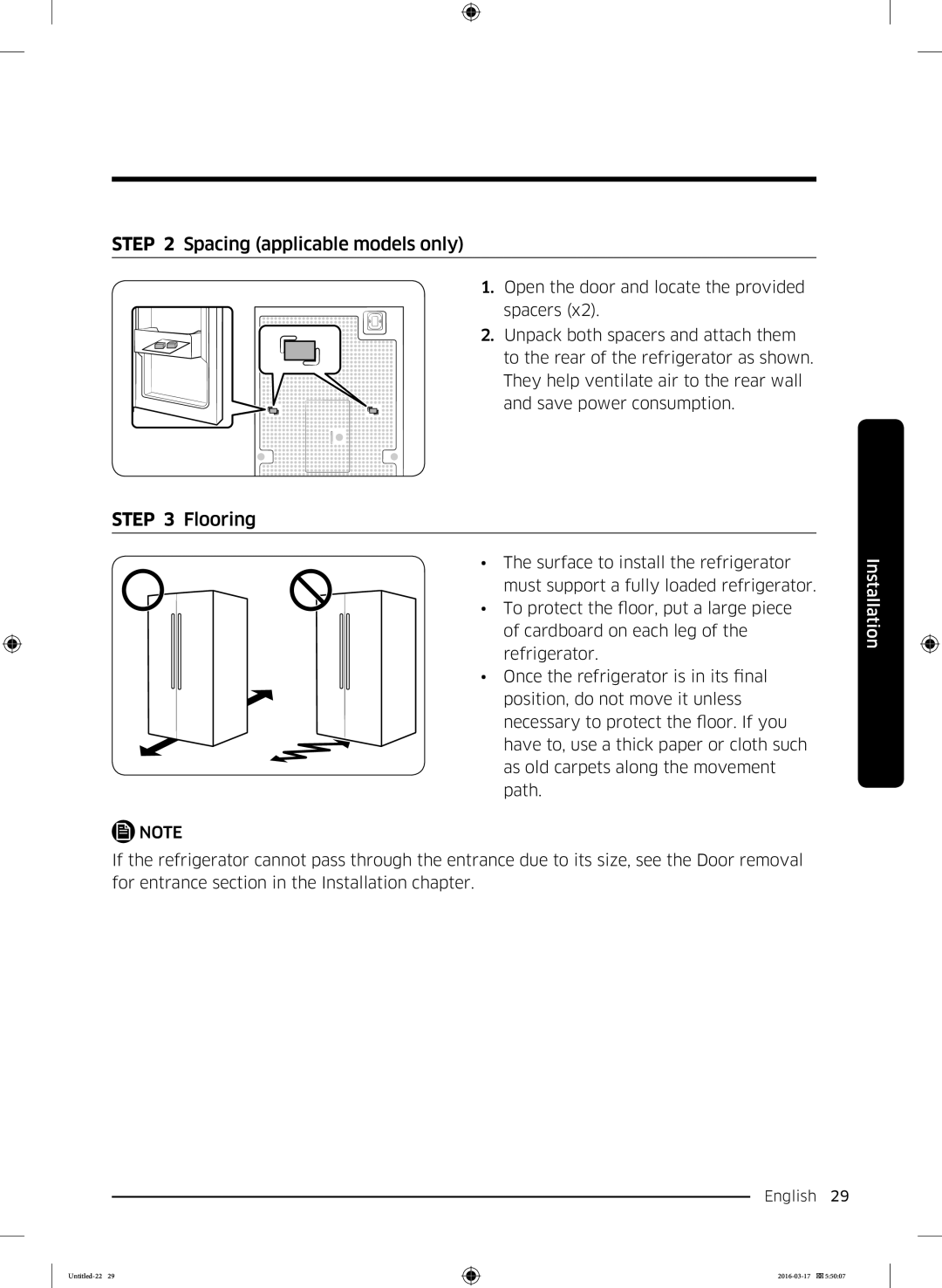 Samsung RS53K4600SA/EF, RS53K4400SA/EF manual Spacing applicable models only, Flooring 