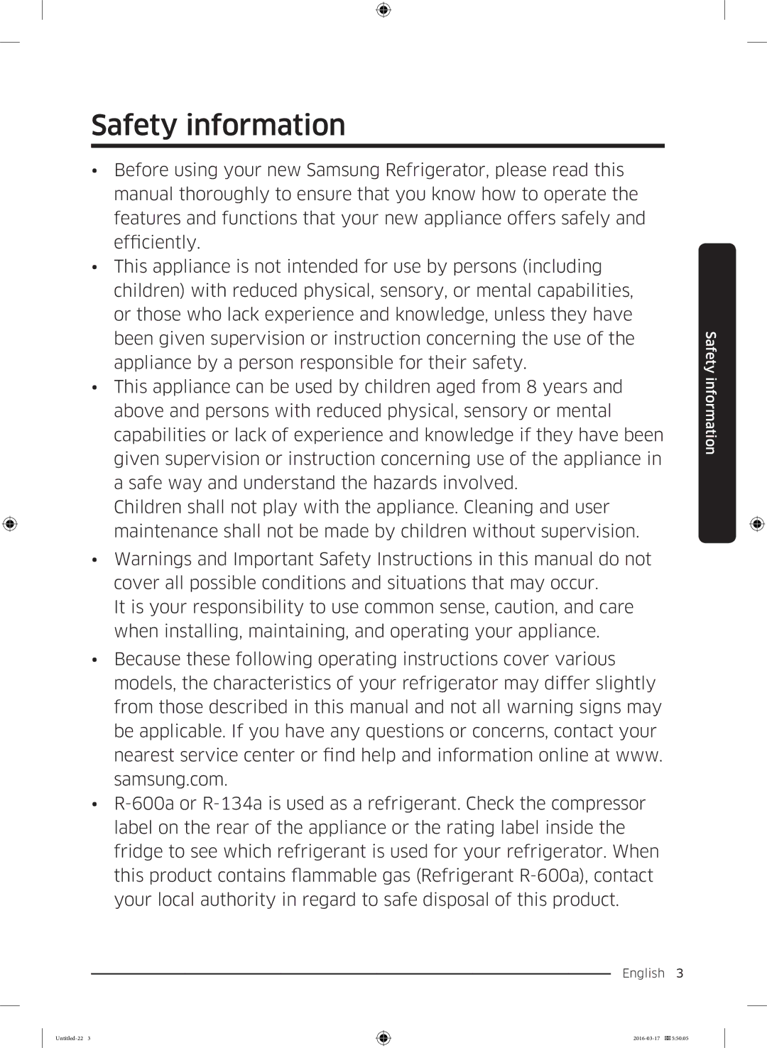 Samsung RS53K4600SA/EF, RS53K4400SA/EF manual Safety information 