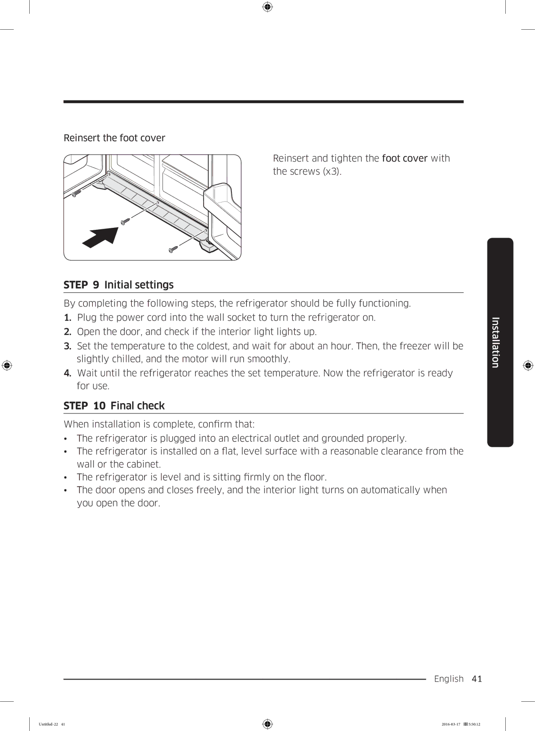 Samsung RS53K4600SA/EF, RS53K4400SA/EF manual Initial settings, Final check 