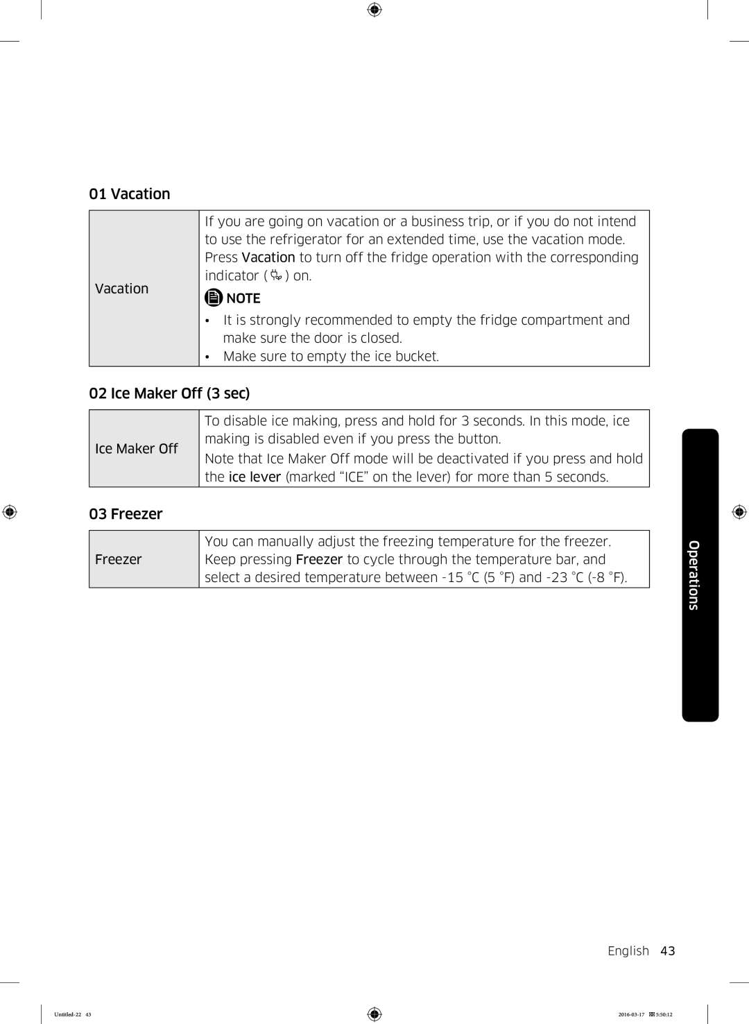 Samsung RS53K4600SA/EF, RS53K4400SA/EF manual Vacation, Ice Maker Off 3 sec, Freezer 