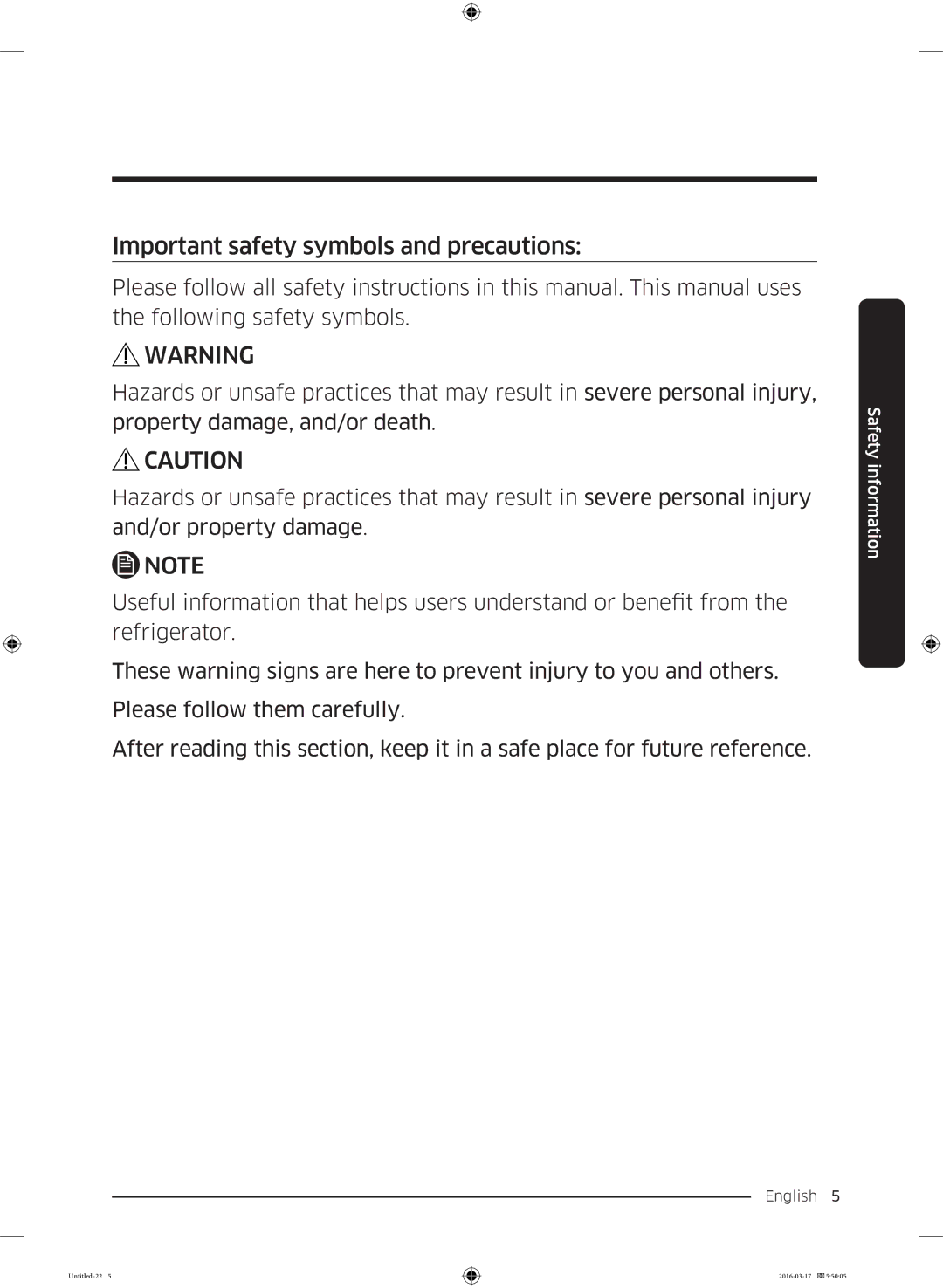 Samsung RS53K4600SA/EF, RS53K4400SA/EF manual Important safety symbols and precautions 