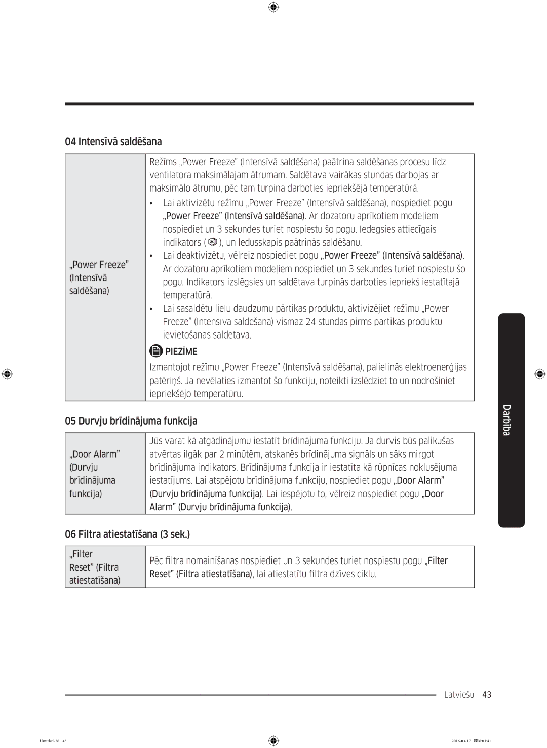 Samsung RS53K4400SA/EF manual Intensīvā saldēšana, Durvju brīdinājuma funkcija, Filtra atiestatīšana 3 sek 